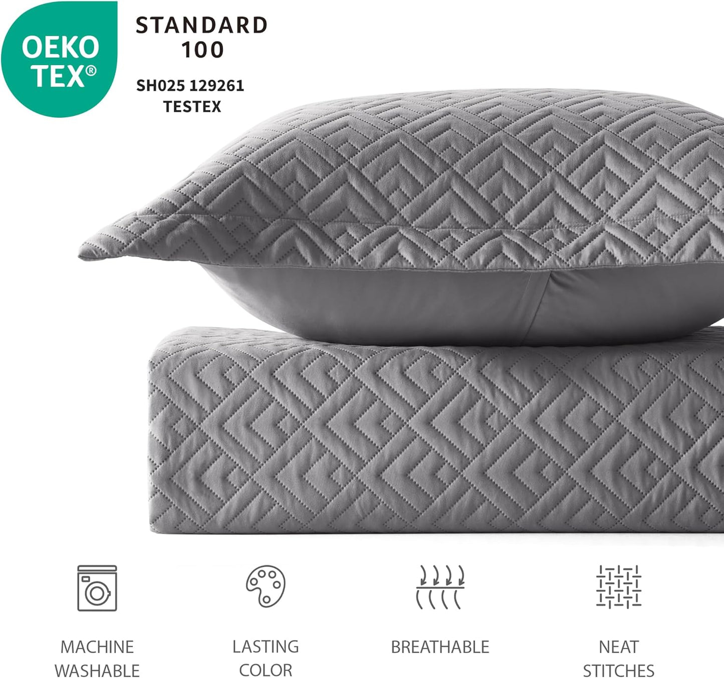 Home Quilt Set Full Queen Size Grey 3 Piece,Lightweight Soft Coverlet Squares Pattern Bedspread Set for All Season(1 Quilt,2 Pillow Shams)