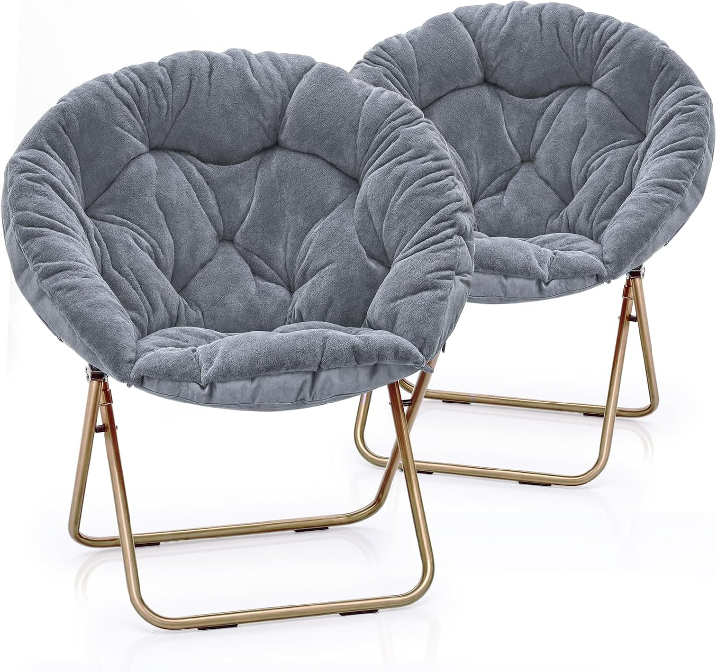 Round Folding Faux Fur Saucer Chair for Bedroom Living Room Dorm Foldable Metal Frame Oversized Large Comfy Furry Padded Soft Lounge Lazy Cozy Moon Chair for Adults (Beige, 2 Pieces)