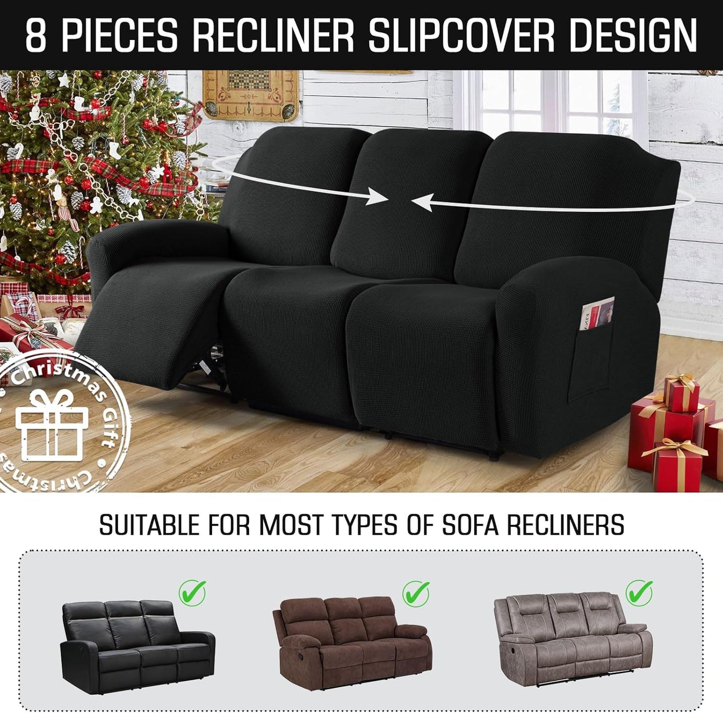 Recliner Sofa Covers 8-Pieces Stretch Large Couch Covers for 3 Seats Reclining Slipcovers Soft Jacquard Pattern Furniture Protector Black