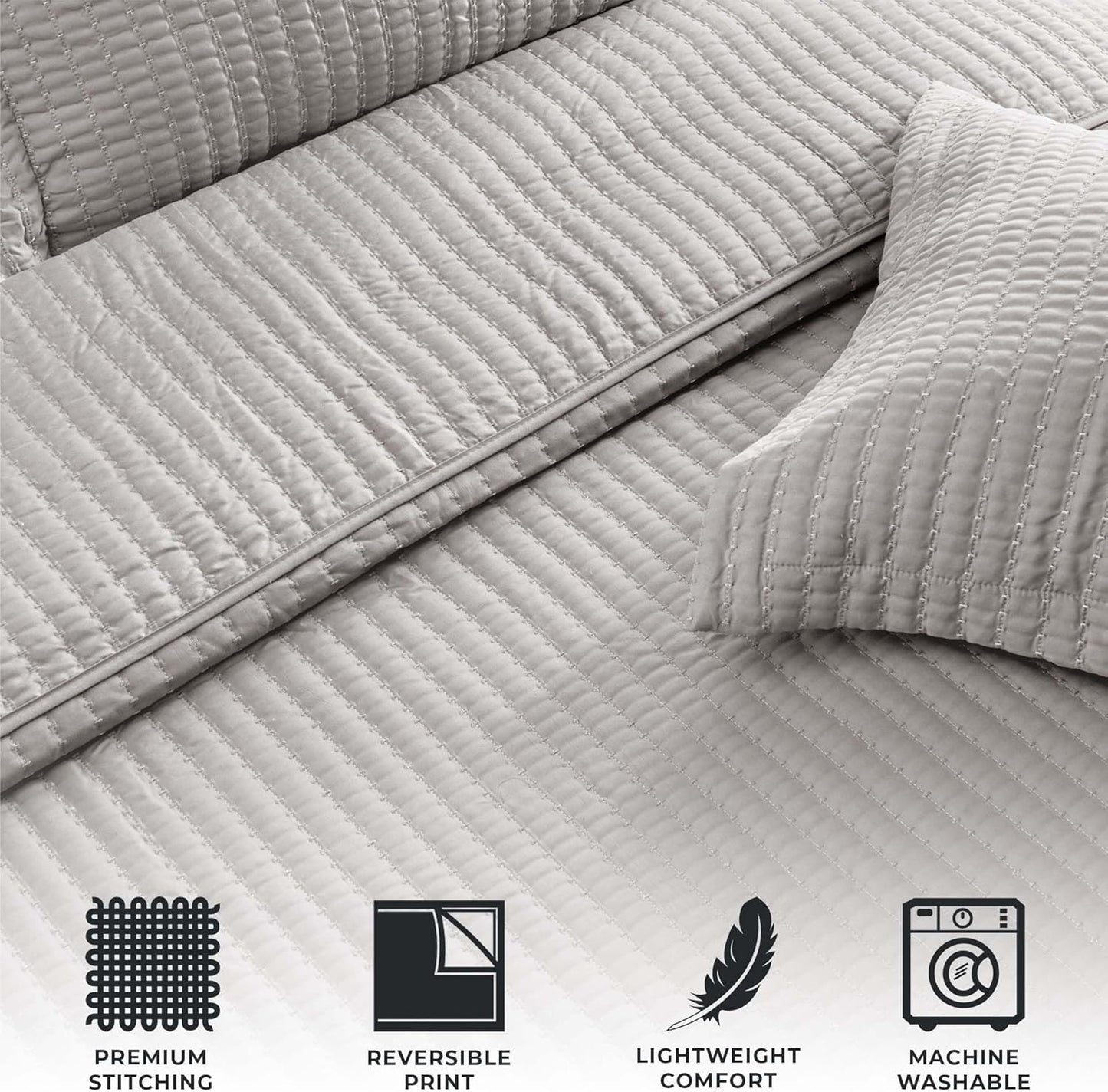 King Quilt Bedding Set, 3-Piece Lightweight Summer Channel Stitch Quilt Set with Shams, Ultra Soft Light Grey Bedspreads, Quilted Bedding Coverlets for All Seasons