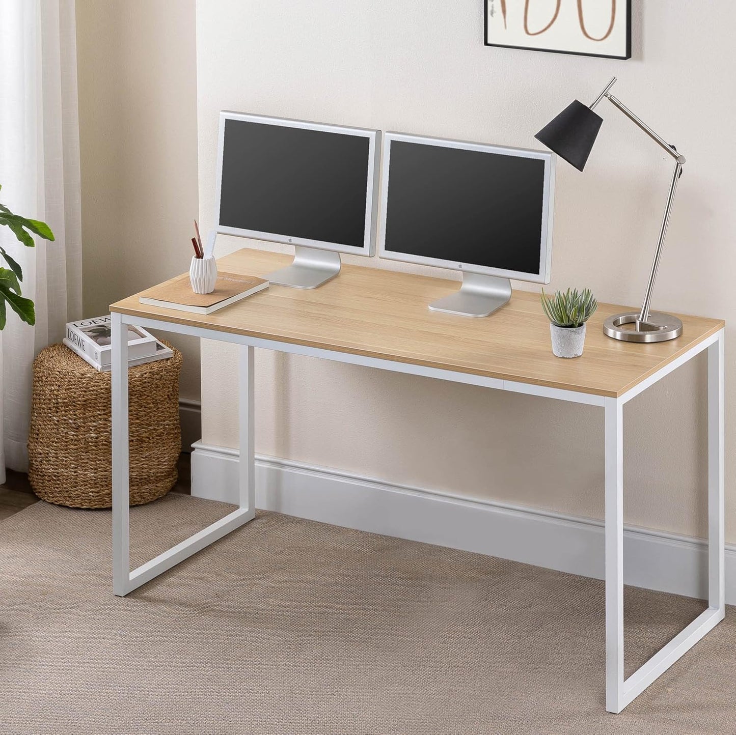 55 Inch White Frame Desk, Computer Workstation, Office Desk, Dining Table, Easy Assembly, Natural