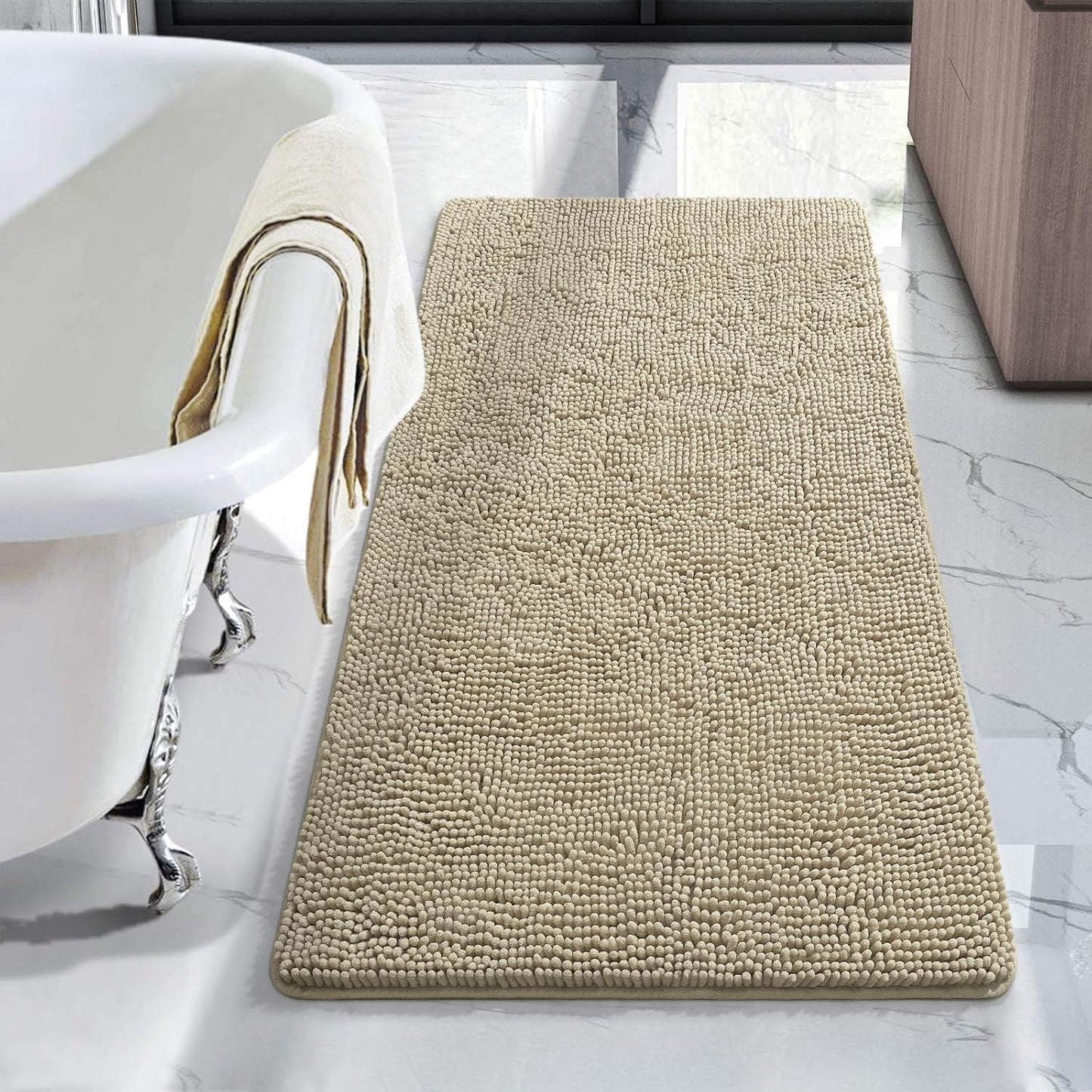 Luxury Bathroom Rug Shaggy Bath Mat 24 x 60 Inch, Washable Non Slip Bath Rugs for Bathroom Shower, Soft Plush Chenille Absorbent Carpets Mats, Black