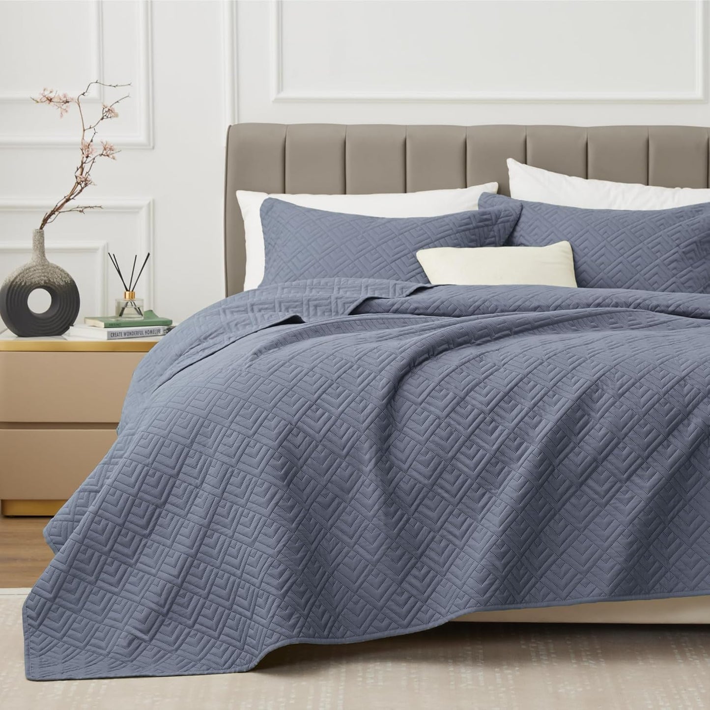 Home Quilt Set Full Queen Size Grey 3 Piece,Lightweight Soft Coverlet Squares Pattern Bedspread Set for All Season(1 Quilt,2 Pillow Shams)