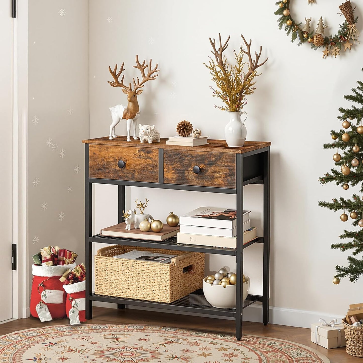 29.5" Narrow Console Table with 2 Fabric Drawers, Small Entryway Table with 3-Tier Storage Shelves, Thin Sofa Table, Side Table, for Living Room, Hallway, Rustic Brown and Black