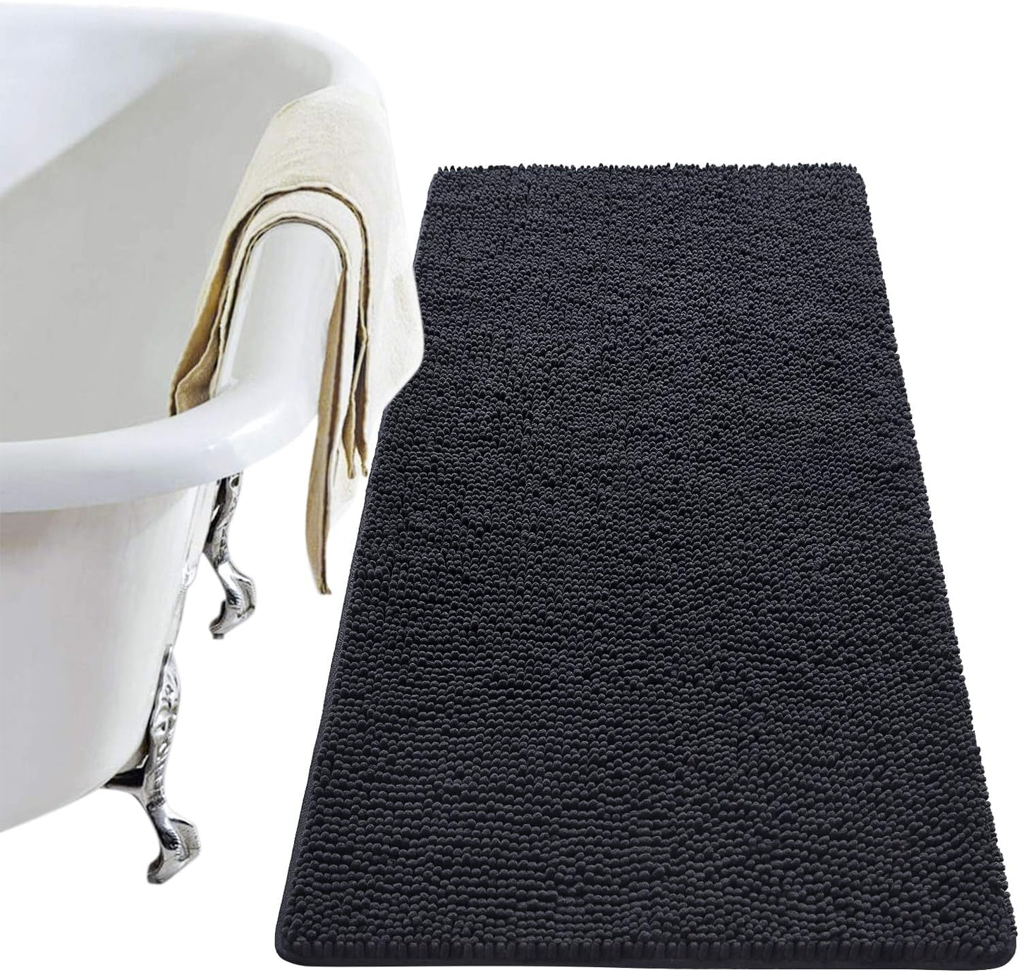 Luxury Bathroom Rug Shaggy Bath Mat 24 x 60 Inch, Washable Non Slip Bath Rugs for Bathroom Shower, Soft Plush Chenille Absorbent Carpets Mats, Black