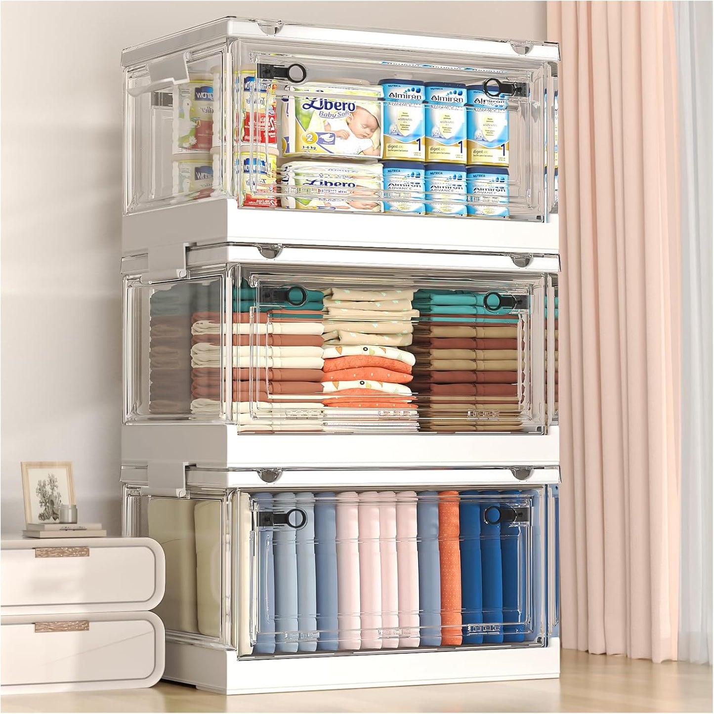 4 Tier Stackable Storage Bins with Lids, 23Qt Plastic Storage Containers with Magnetic Doors & Wheels, Collapsible Storage Bins Closet Organizers, Foldable Organization for Home, Party, Office, Dorm