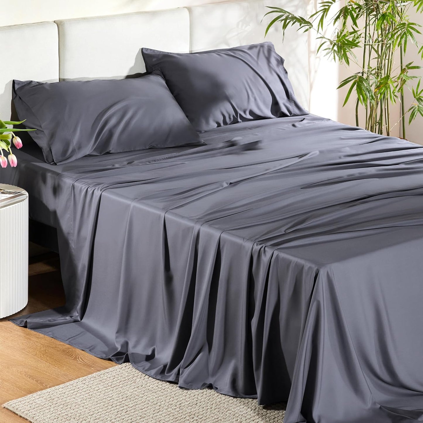 Queen Sheet Set, Cooling Sheets for Queen Size Bed Set, Rayon Derived from Bamboo, Breathable & Soft Deep Pocket Up to 16 Inches, Hotel Luxury Silky Bedding, Bedsheet & Pillowcases, Dark Grey