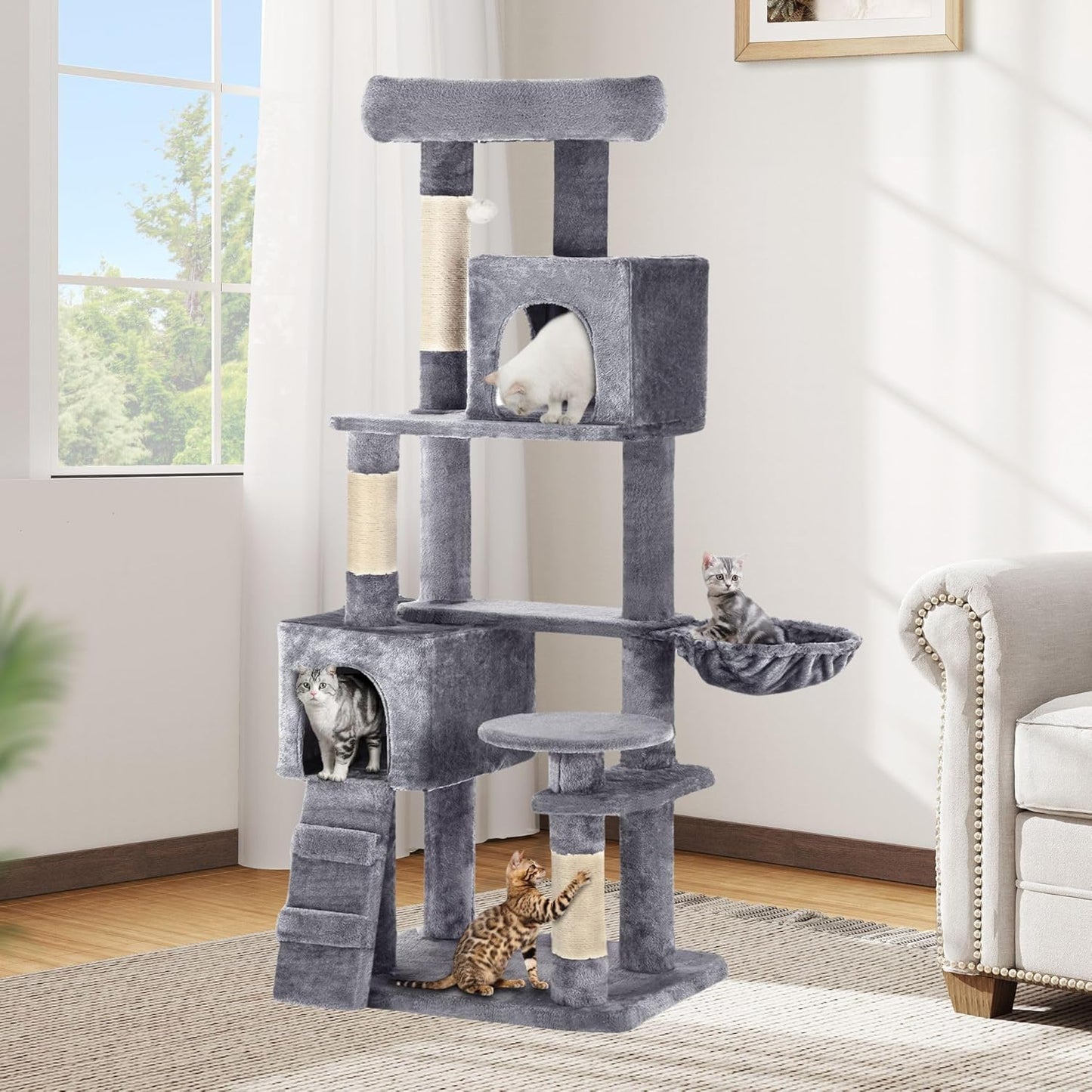 75-inch Indoor Cat Tree Tower, Multi-Level Pet Playground, Cat Furniture with Scratch Posts, Hideaway Condos, Soft Perch, Snug Hammock, Climbing Ladder, and Plush Balls for Kittens (Dark Gray)