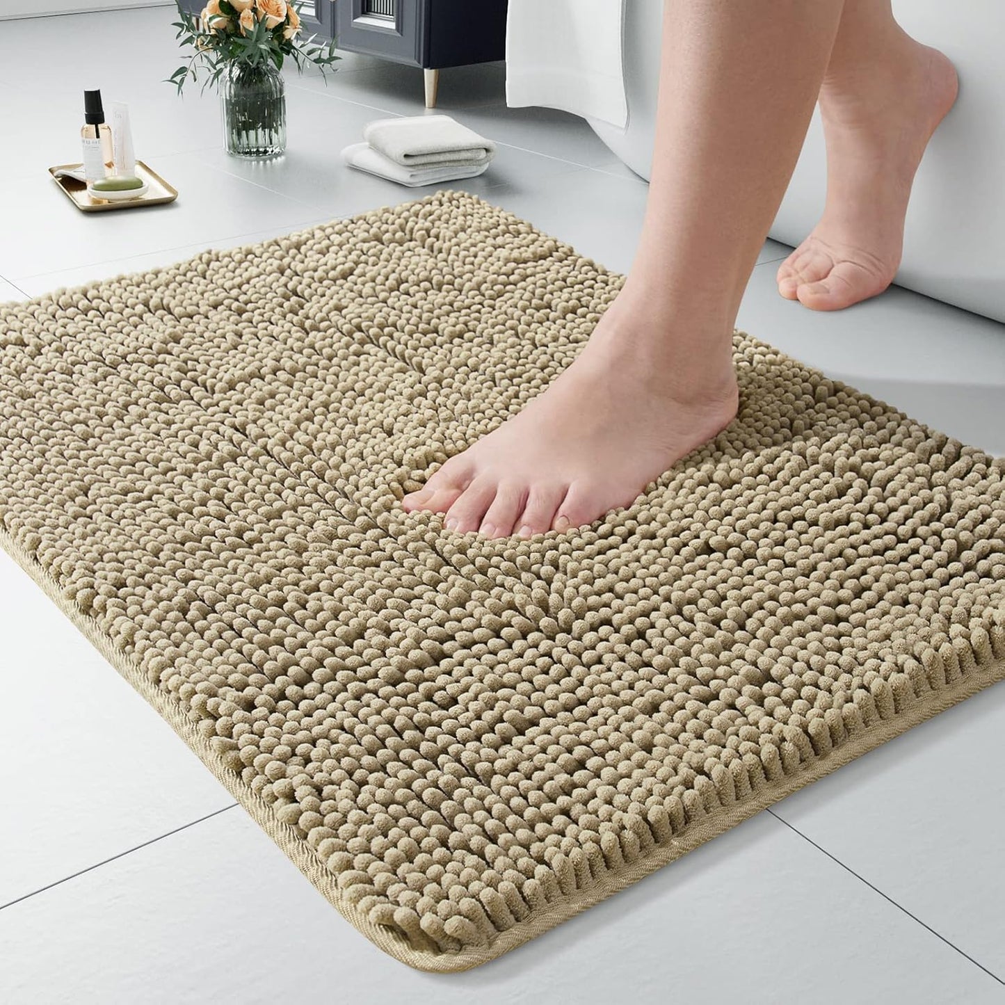 Luxury Bathroom Rug Shaggy Bath Mat 24 x 60 Inch, Washable Non Slip Bath Rugs for Bathroom Shower, Soft Plush Chenille Absorbent Carpets Mats, Black