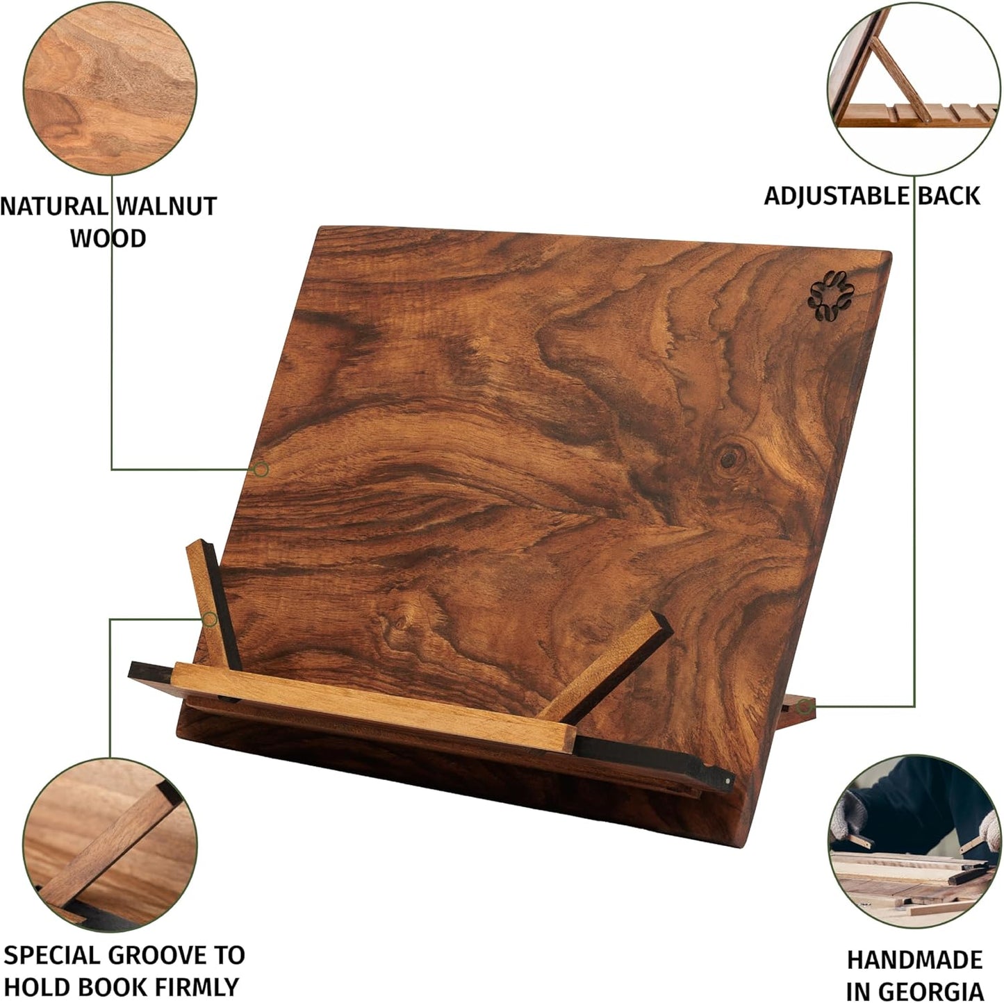 Wooden Cook Book Stand - Handmade Walnut Book Holder for Reading Hands Free - Cookbook Holder for Counter Top - Fancy Tablet Holder - Recipe Holder - Book Accessories for Kitchen