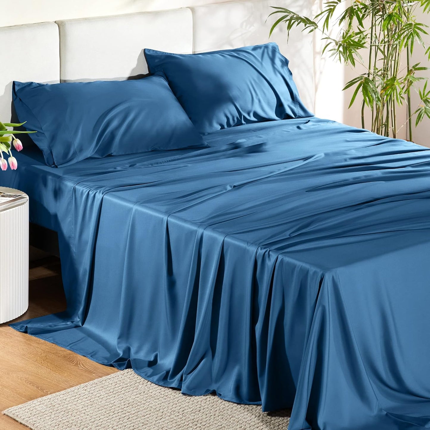 Queen Sheet Set, Cooling Sheets for Queen Size Bed Set, Rayon Derived from Bamboo, Breathable & Soft Deep Pocket Up to 16 Inches, Hotel Luxury Silky Bedding, Bedsheet & Pillowcases, Dark Grey