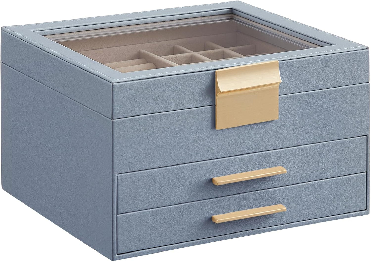 Jewelry Box with Glass Lid, 6-Layer Jewelry Organizer, 5 Drawers, for Big and Small Jewelry, Jewelry Storage, Modern Style, 8 x 9.1 x 9 Inches, Cloud White and Gold Color UJBC176W01
