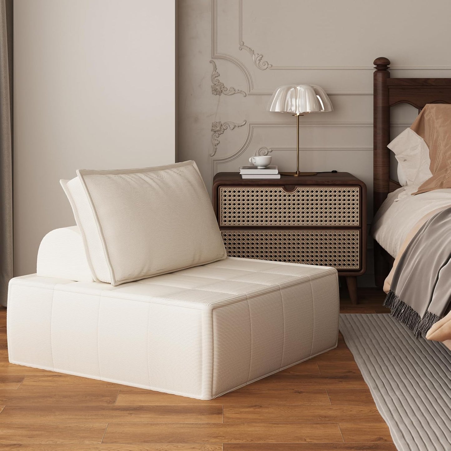 Modular Sectional Sofa, 35" Small Sofa Couch, Corduroy Sofa Sleeper Deep Seat Sofa with Adjustable Backrest, Small Couch for Small Spaces, Living Room, Bedroom, Apartment,White Office Couch