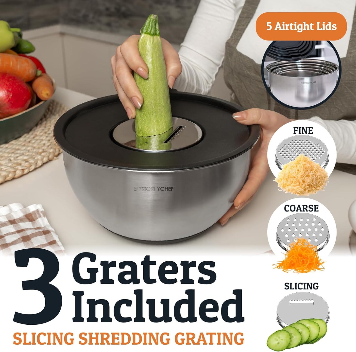 Stainless Steel Mixing Bowls with Lids Set, 3 Grater Attachments, Airtight Lids, Non-Slip Silicone Base Mixing Bowl Set, Large Prep Metal Mixing Bowls for Kitchen, Black