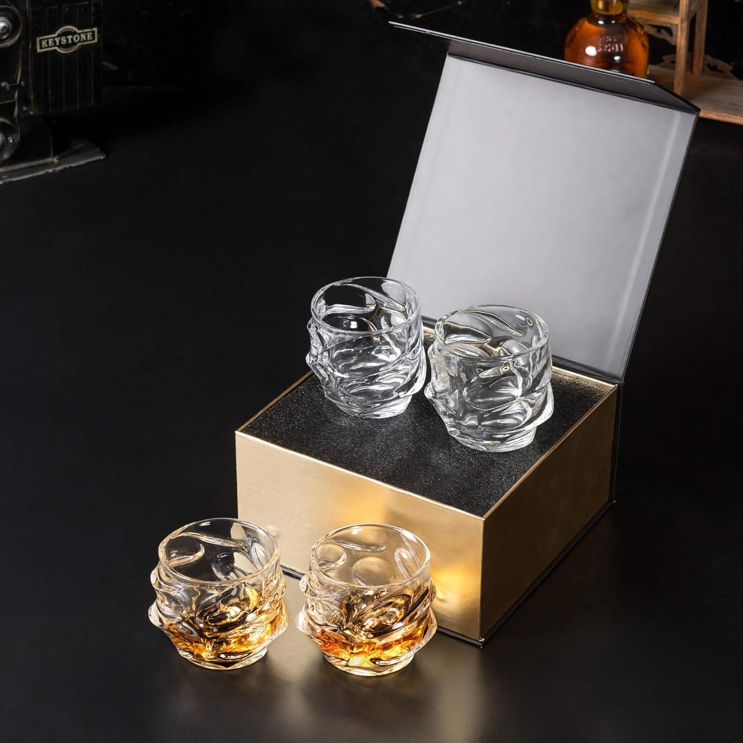 Old Fashioned Whiskey Glasses 11 Oz - Glasses Set of 4 for Bourbon Cocktail Scotch Snifter Malt Cognac - Heavy Crystal Bar Glassware - Unique Men Gift