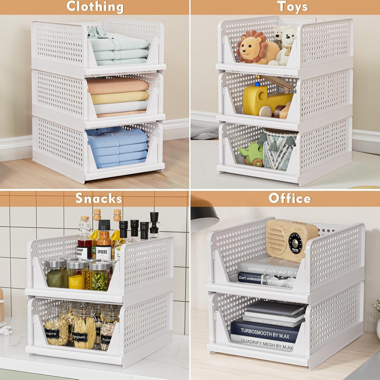 5 Pack Folding Closet Organizers Storage Box, Stackable Plastic Storage Basket, Closet Organizers and Storage Drawer Shelf Storage, Storage Container for Cupboard Kitchen Bathroom, White