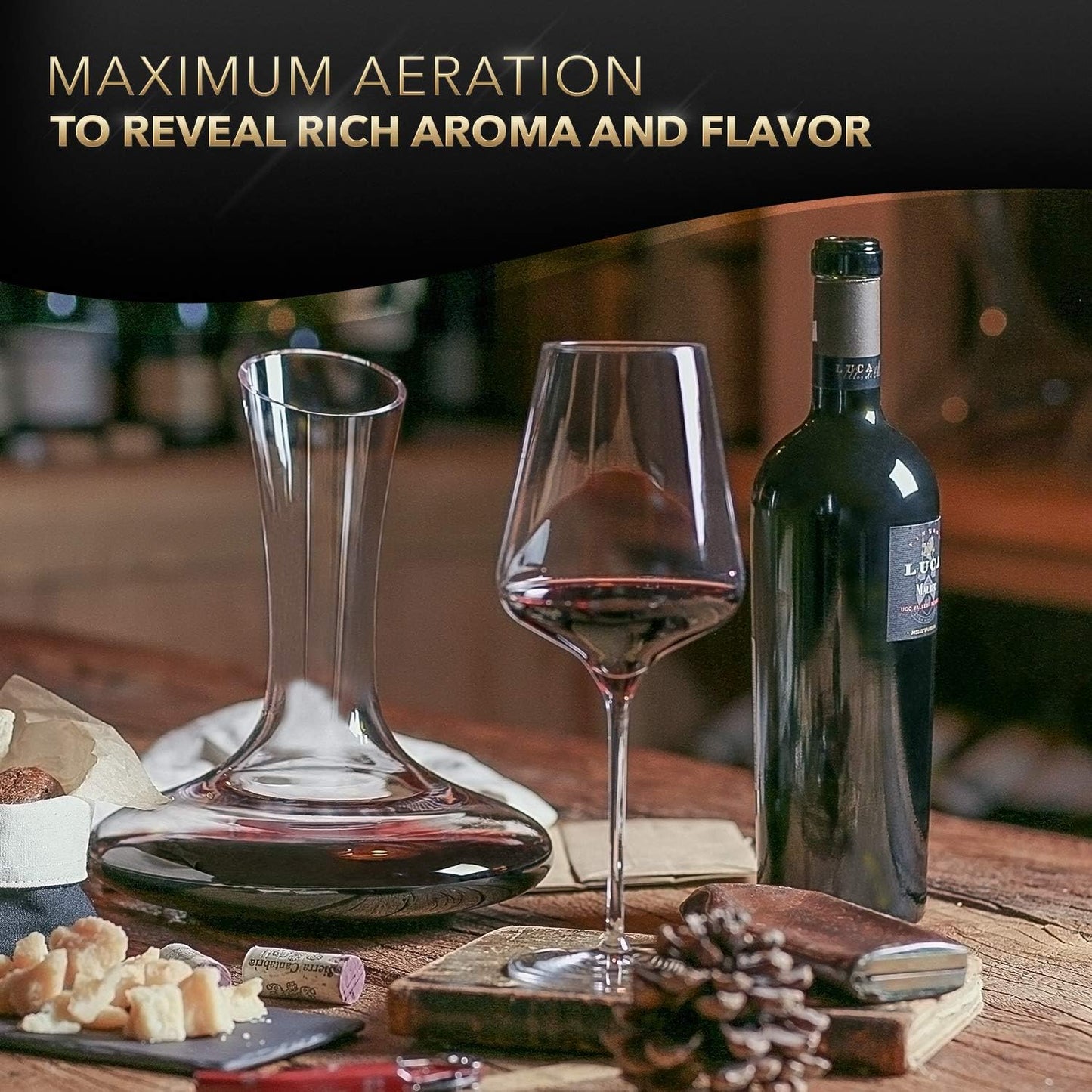 Large Elegant Wine Decanter with Aerator - Hand Blown Lead-Free Crystal Glass Wine Carafe, 750ml Red Wine Decanter, Wine Aerator Accessory for Wine Lovers