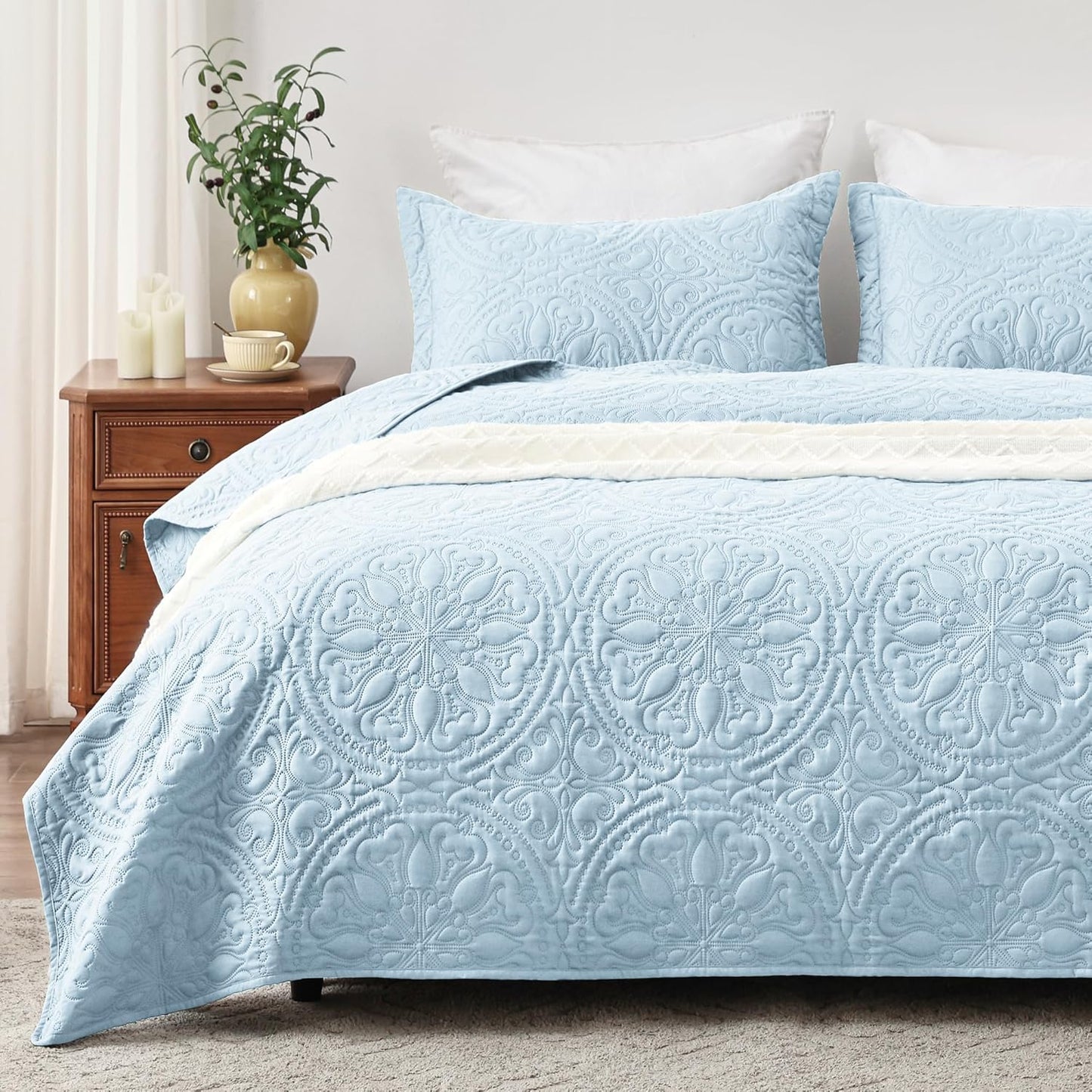 Home Quilt Set Full Queen Size Grey 3 Piece,Lightweight Soft Coverlet Squares Pattern Bedspread Set for All Season(1 Quilt,2 Pillow Shams)