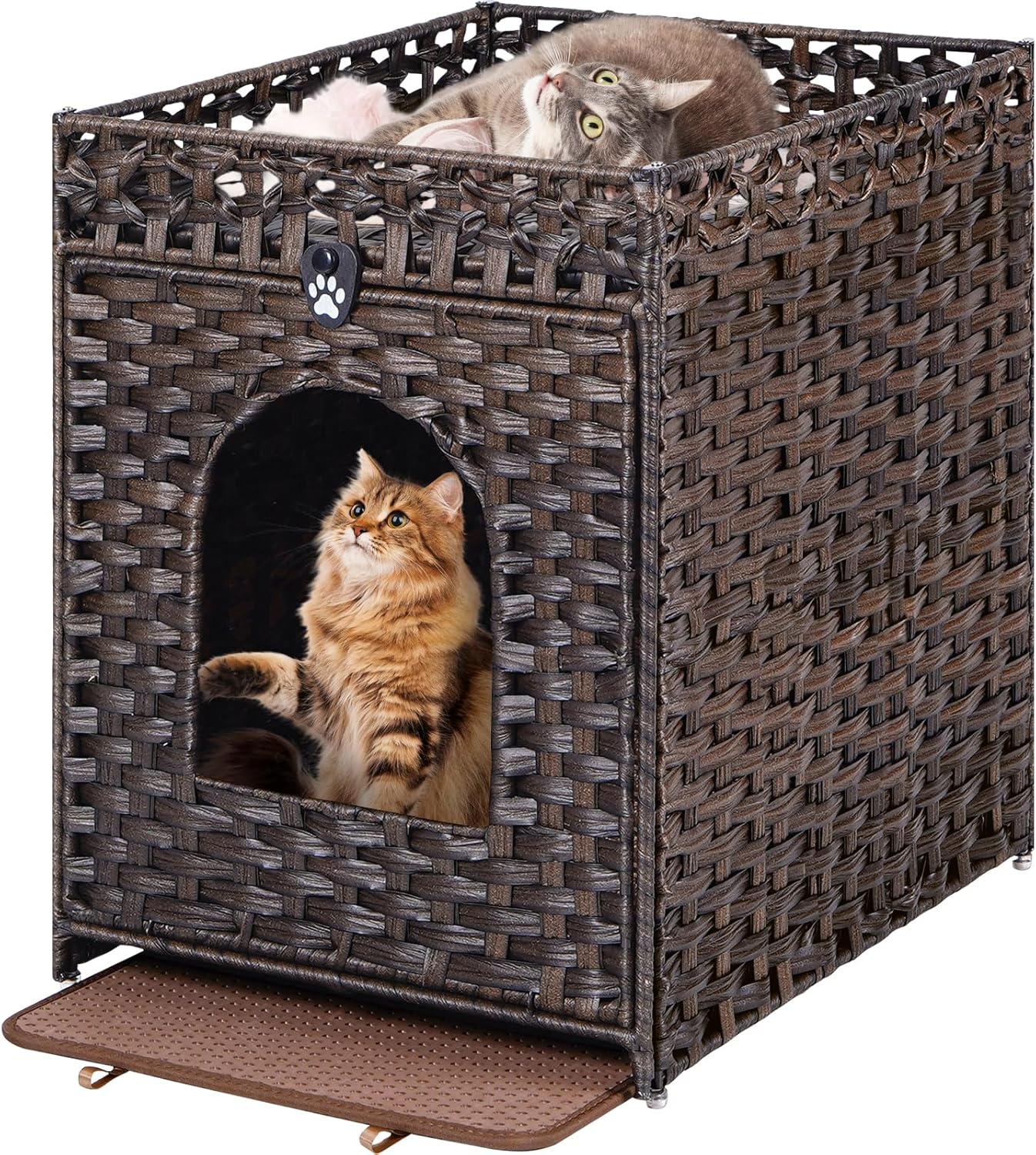 Cat Litter Box Enclosure Furniture Hidden with Cat Litter Mat, Hidden Cat Washroom Furniture with Door, Handwoven Rattan Cat Washroom Box, Indoor Pet House for Living Room, Bedroom(Grey)