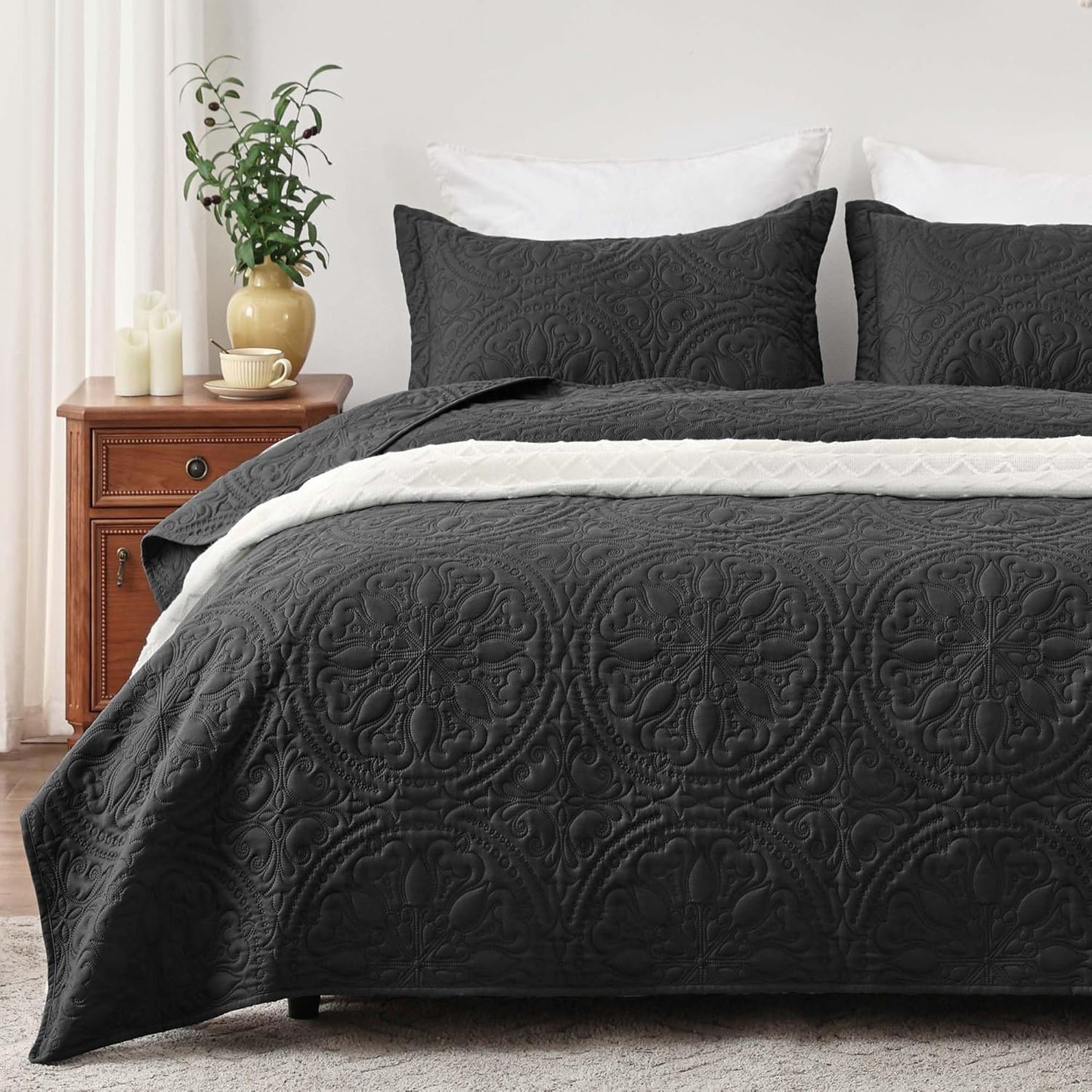 Home Quilt Set Full Queen Size Grey 3 Piece,Lightweight Soft Coverlet Squares Pattern Bedspread Set for All Season(1 Quilt,2 Pillow Shams)