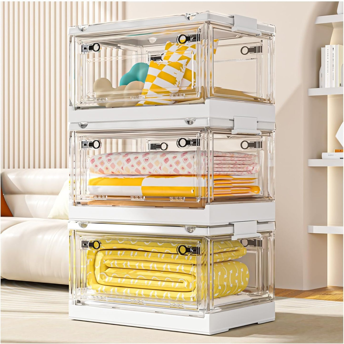 4 Tier Stackable Storage Bins with Lids, 23Qt Plastic Storage Containers with Magnetic Doors & Wheels, Collapsible Storage Bins Closet Organizers, Foldable Organization for Home, Party, Office, Dorm