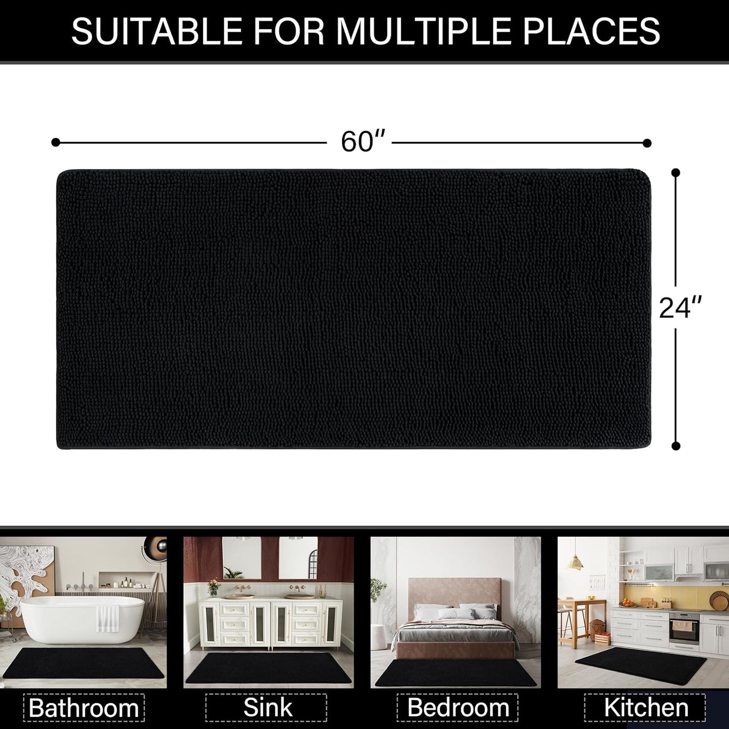 Luxury Bathroom Rug Shaggy Bath Mat 24 x 60 Inch, Washable Non Slip Bath Rugs for Bathroom Shower, Soft Plush Chenille Absorbent Carpets Mats, Black