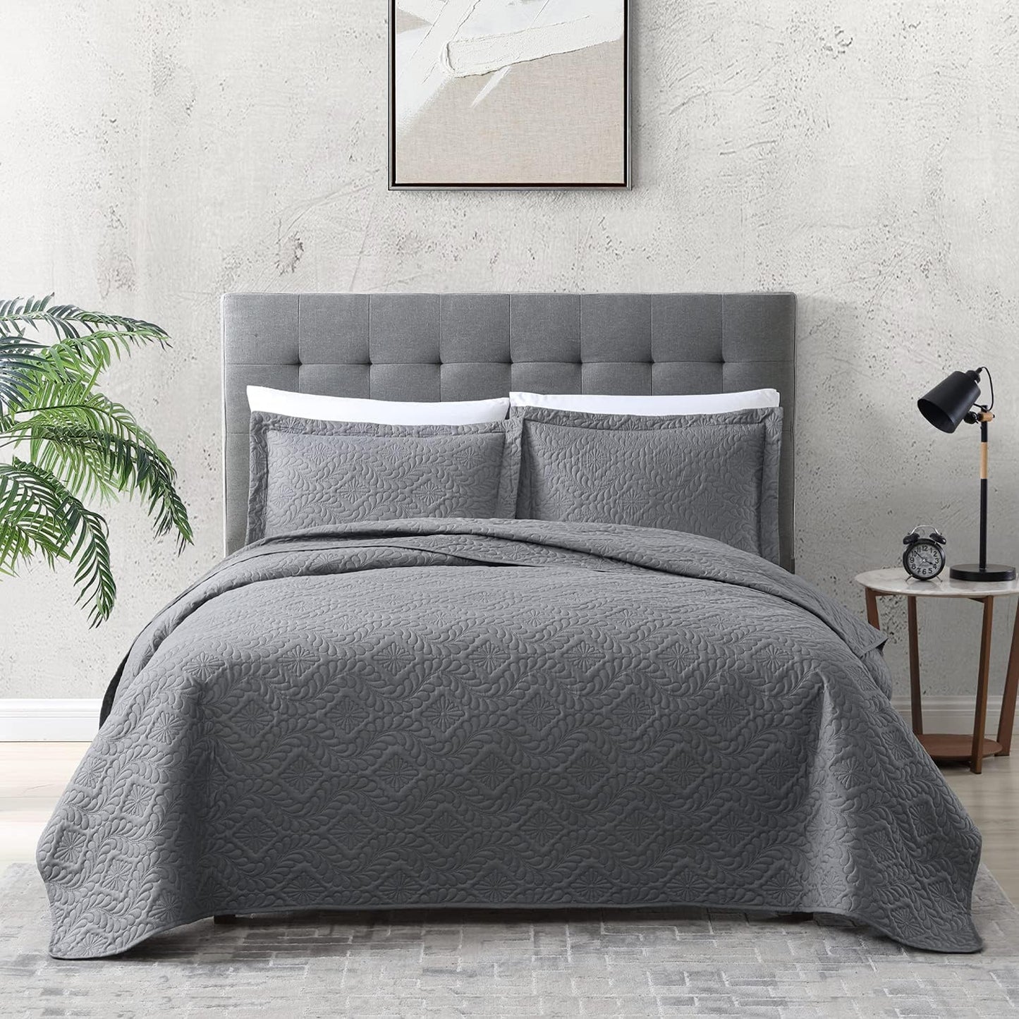 Home Quilt Set Full Queen Size Grey 3 Piece,Lightweight Soft Coverlet Squares Pattern Bedspread Set for All Season(1 Quilt,2 Pillow Shams)