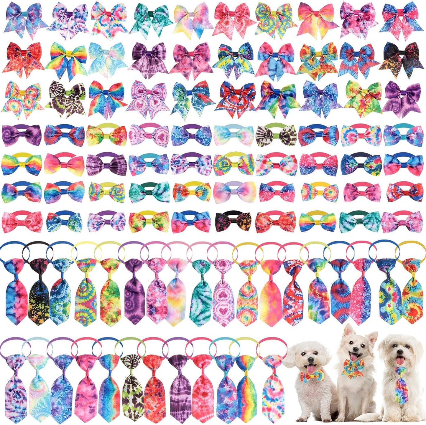 100 Pieces Dog Bow Tie Collar Set Include 40 Dog Neckties, and 30 Puppy Bowties, 30 Collar Flowers, Adjustable Pet Ties Grooming for Small Medium Cats Pets Supply(Paw Bone)