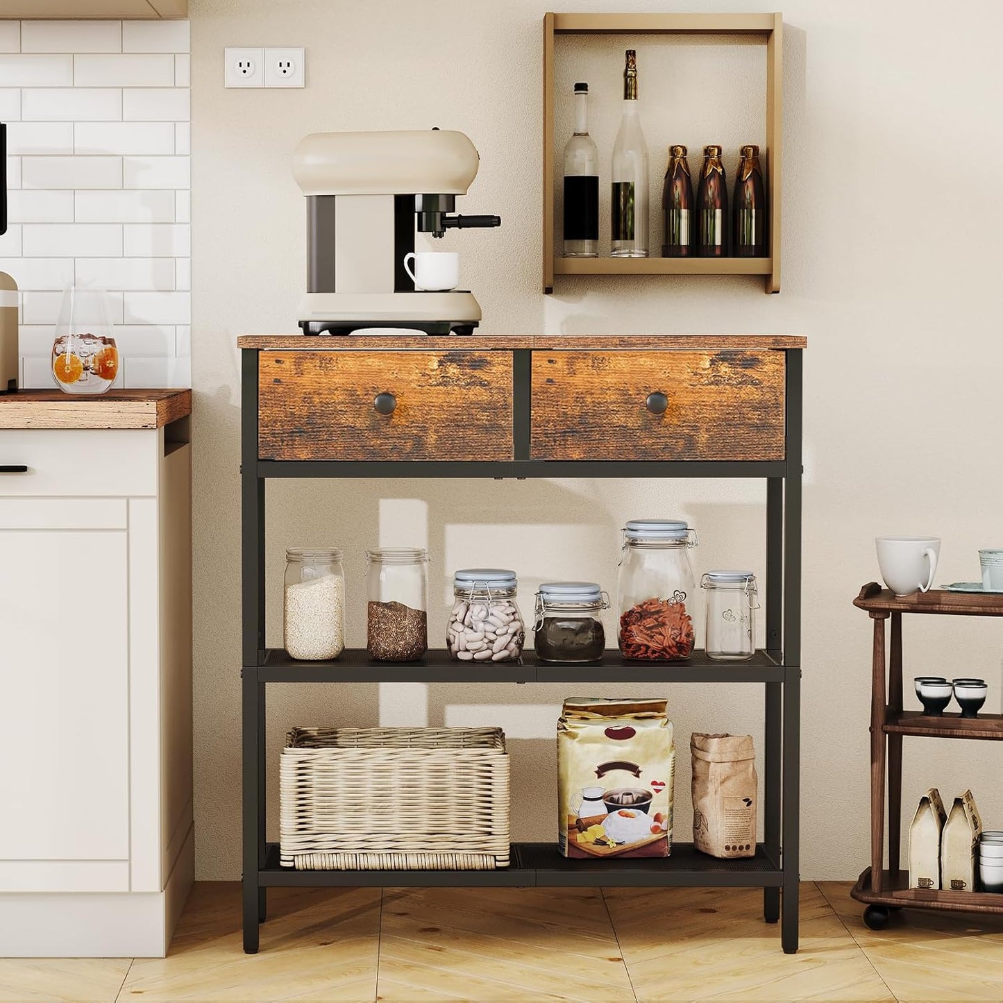 29.5" Narrow Console Table with 2 Fabric Drawers, Small Entryway Table with 3-Tier Storage Shelves, Thin Sofa Table, Side Table, for Living Room, Hallway, Rustic Brown and Black