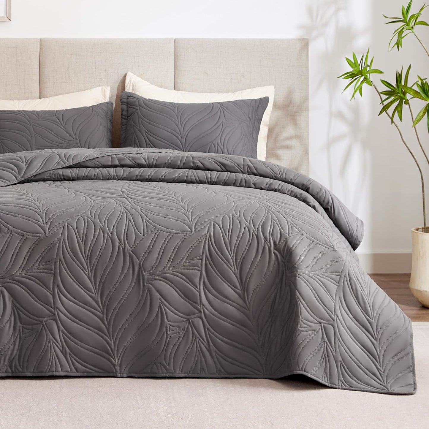 Home Quilt Set Full Queen Size Grey 3 Piece,Lightweight Soft Coverlet Squares Pattern Bedspread Set for All Season(1 Quilt,2 Pillow Shams)