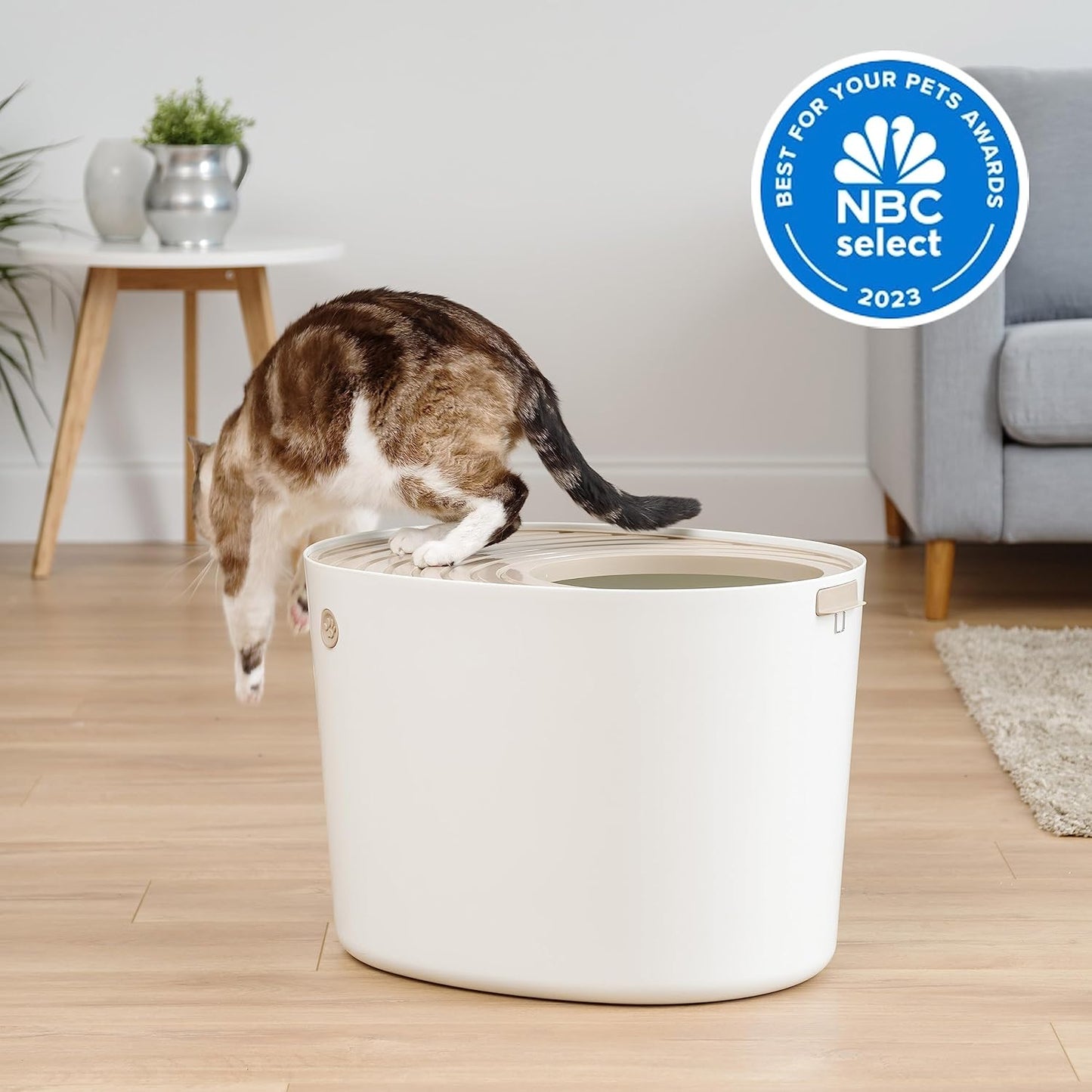 Cat Litter Box, Top Entry Litter Box with Scoop, Stylish Round Cat Litter Box Enclosure, Kitty Litter Box, White/Beige