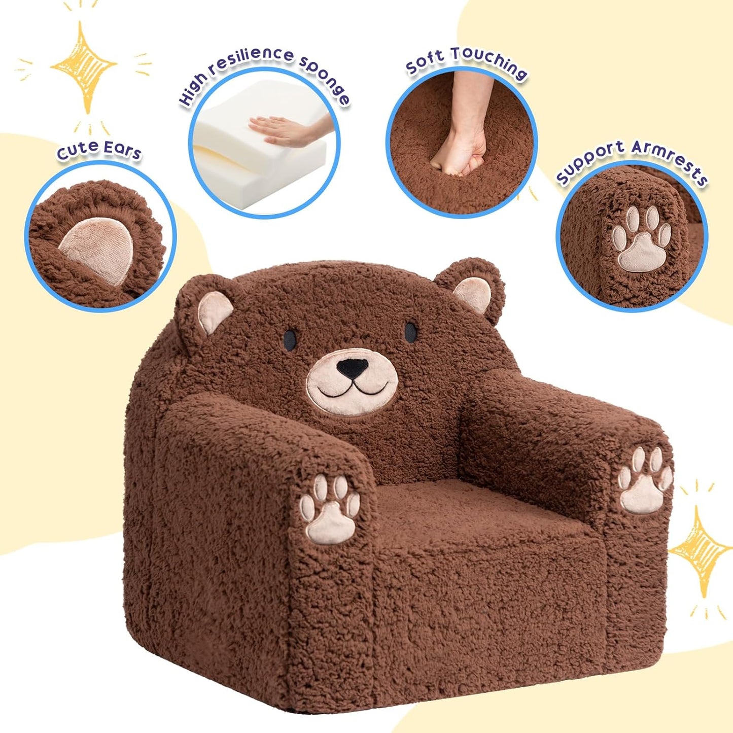 Toddler Couch Ultra-Soft Snuggle Chair, Comfy Sherpa Foam Filled Lovely Bear Sofa, Kids Cozy Corner Play Couch for Boys and Girls, Brown