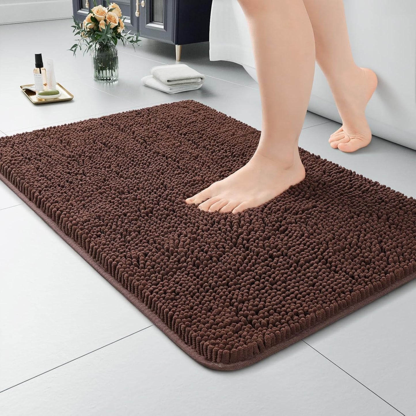 Luxury Bathroom Rug Shaggy Bath Mat 24 x 60 Inch, Washable Non Slip Bath Rugs for Bathroom Shower, Soft Plush Chenille Absorbent Carpets Mats, Black