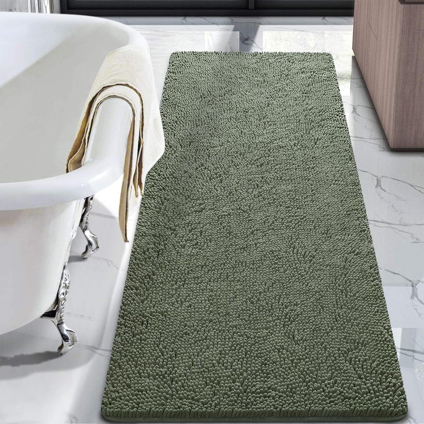 Luxury Bathroom Rug Shaggy Bath Mat 24 x 60 Inch, Washable Non Slip Bath Rugs for Bathroom Shower, Soft Plush Chenille Absorbent Carpets Mats, Black