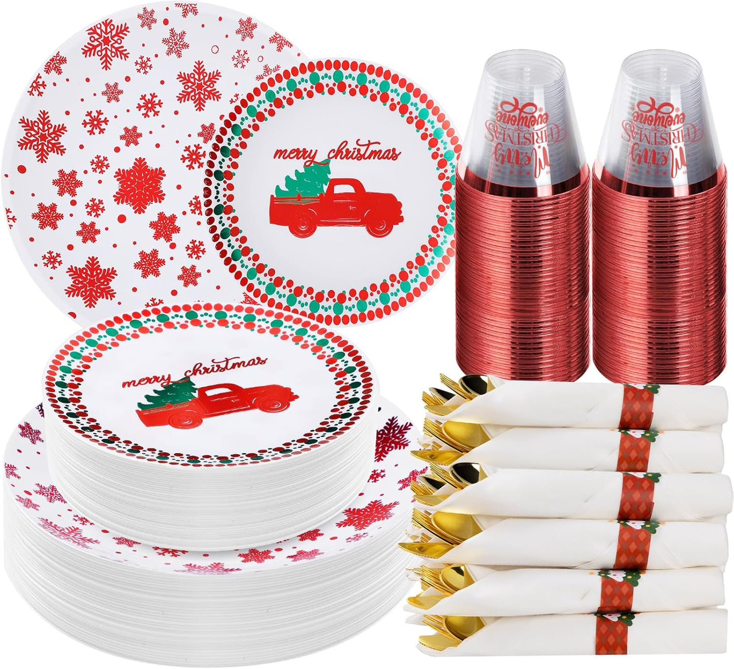 350 Piece Silver Plastic Dinnerware Set for 50 Guests, Fancy Disposable Plates for Party, Include: 50 Dinner Plates, 50 Dessert Plates, 50 Pre Rolled Napkins with Silver Silverware, 50 Cups