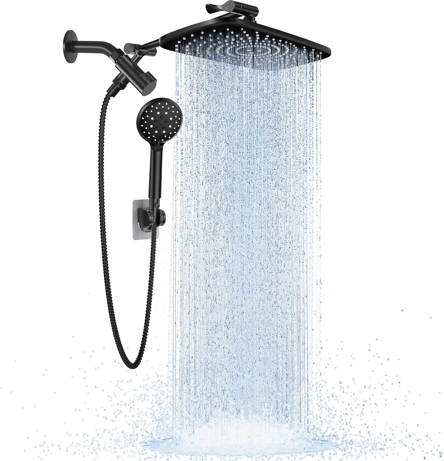 High Pressure Rain Shower Head Combo with Extension Arm- Wide Showerhead with 6 Handheld Water Spray - Adjustable Dual Shower with Anti-Clog Nozzles - Silver Chrome