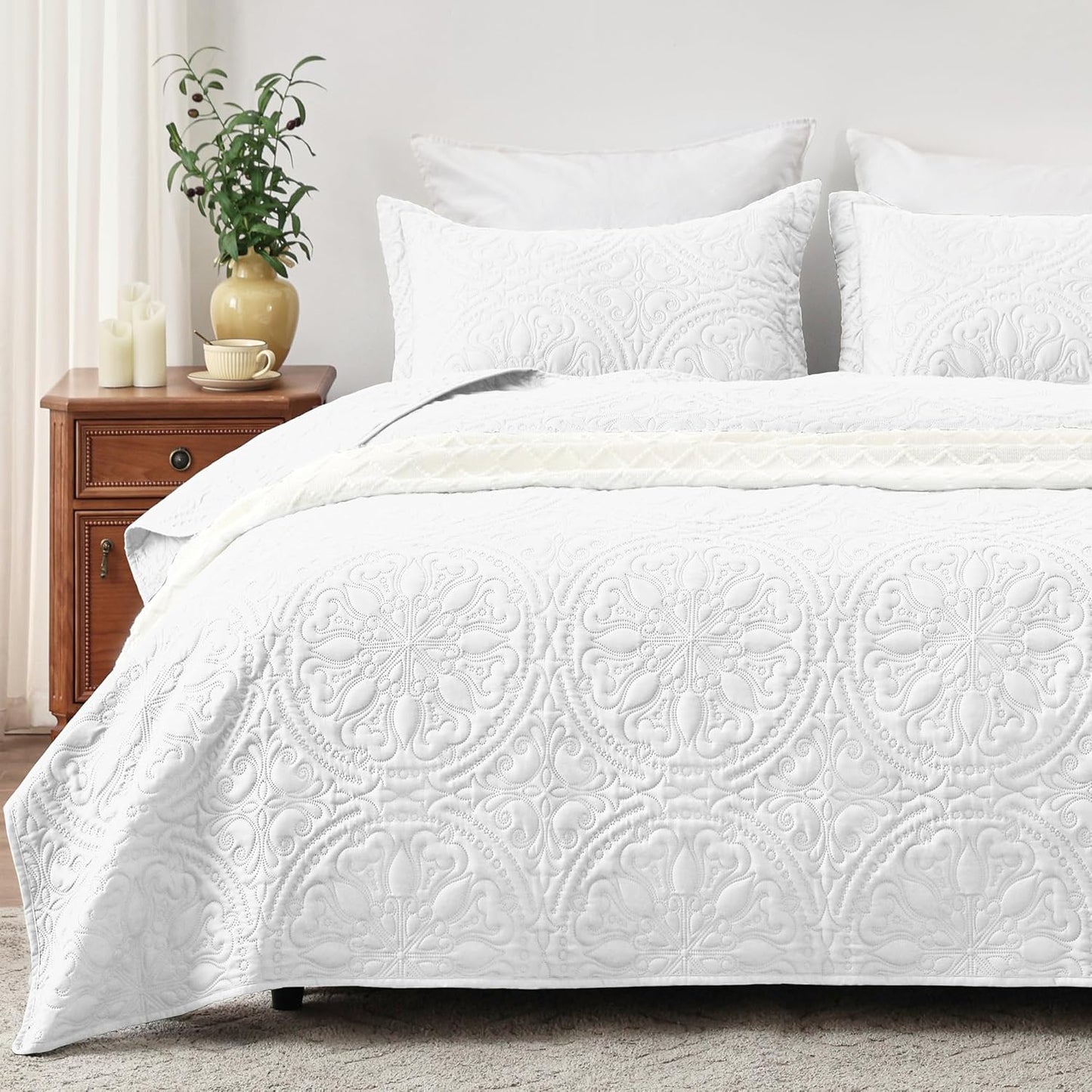 Home Quilt Set Full Queen Size Grey 3 Piece,Lightweight Soft Coverlet Squares Pattern Bedspread Set for All Season(1 Quilt,2 Pillow Shams)