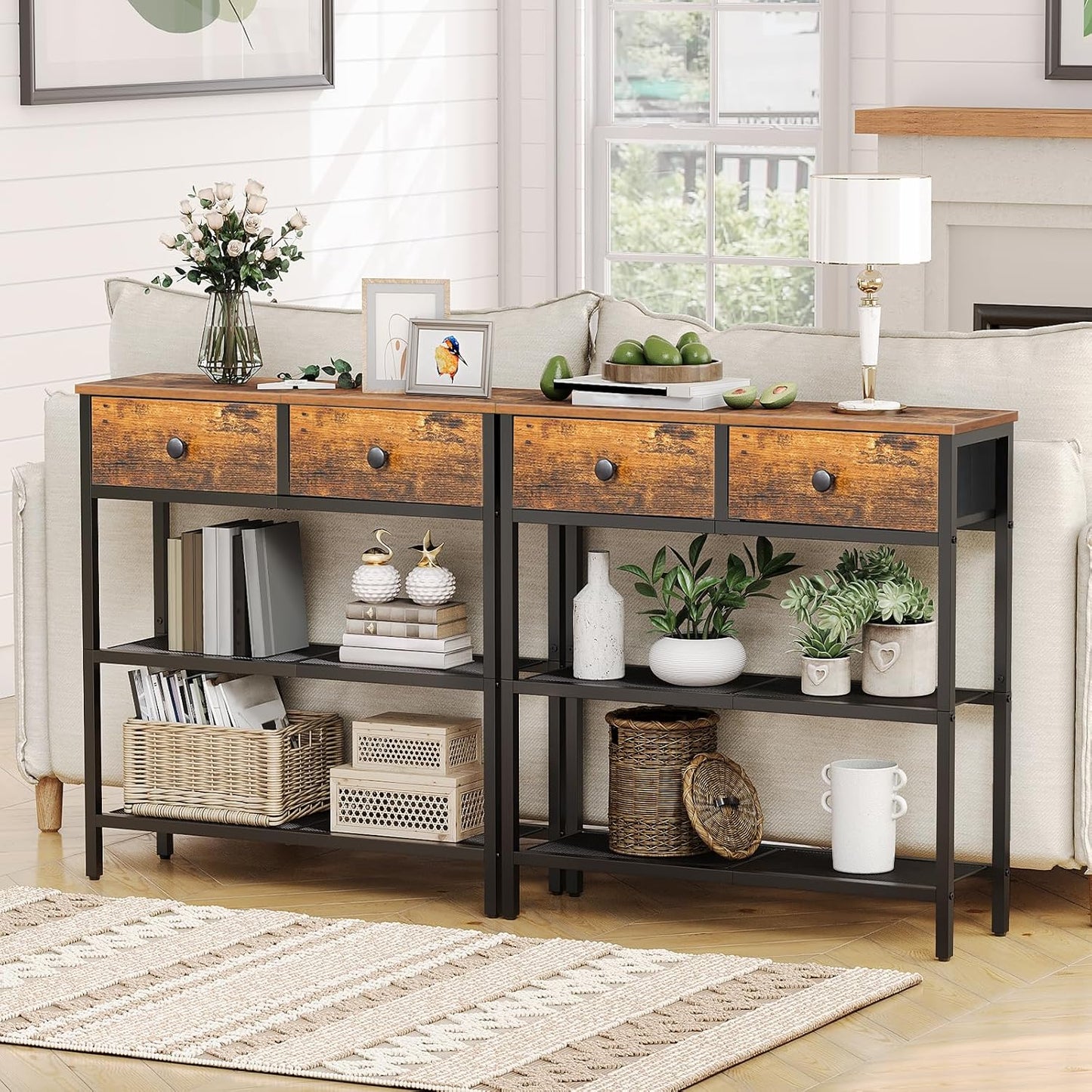 29.5" Narrow Console Table with 2 Fabric Drawers, Small Entryway Table with 3-Tier Storage Shelves, Thin Sofa Table, Side Table, for Living Room, Hallway, Rustic Brown and Black