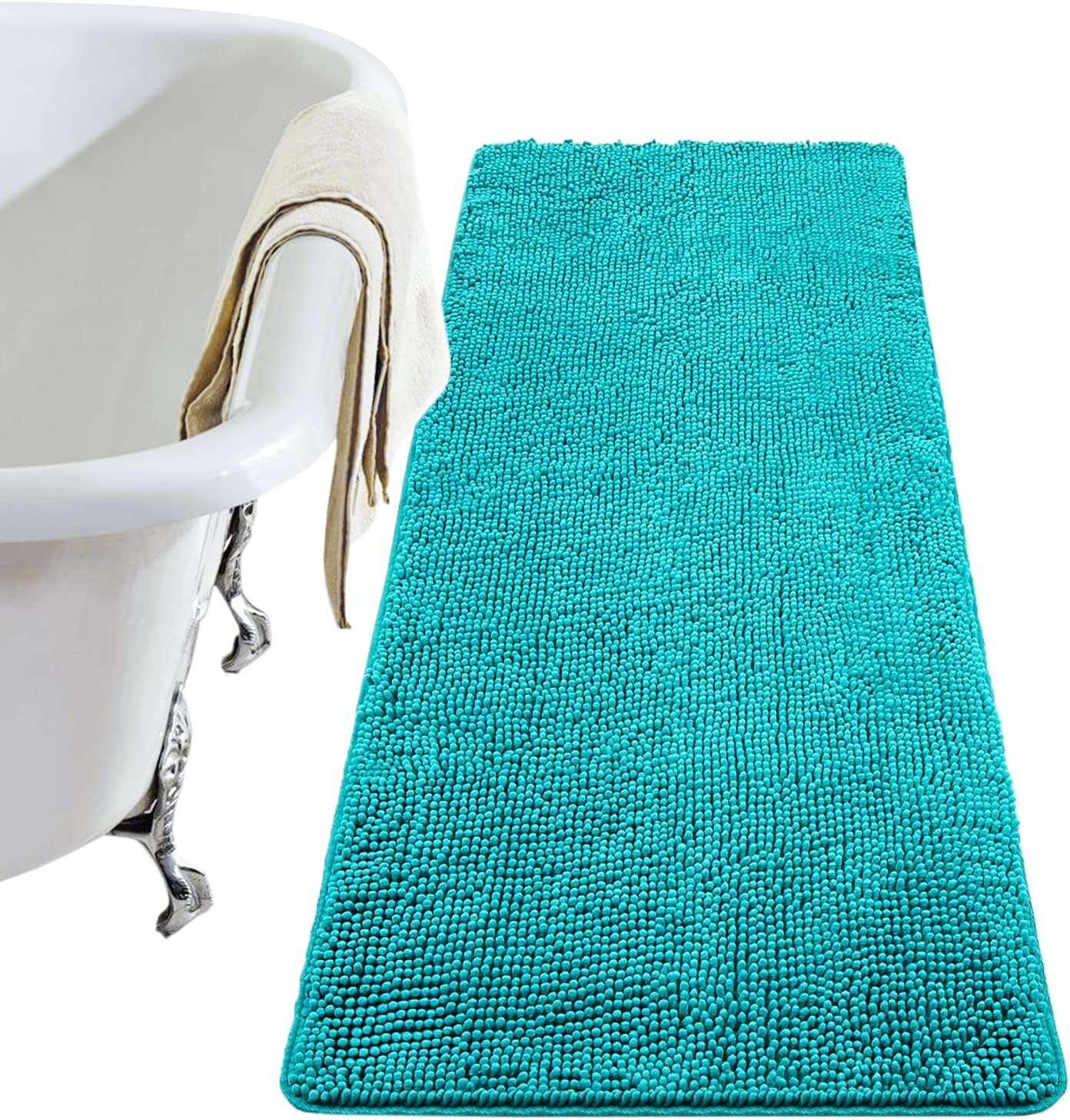 Luxury Bathroom Rug Shaggy Bath Mat 24 x 60 Inch, Washable Non Slip Bath Rugs for Bathroom Shower, Soft Plush Chenille Absorbent Carpets Mats, Black