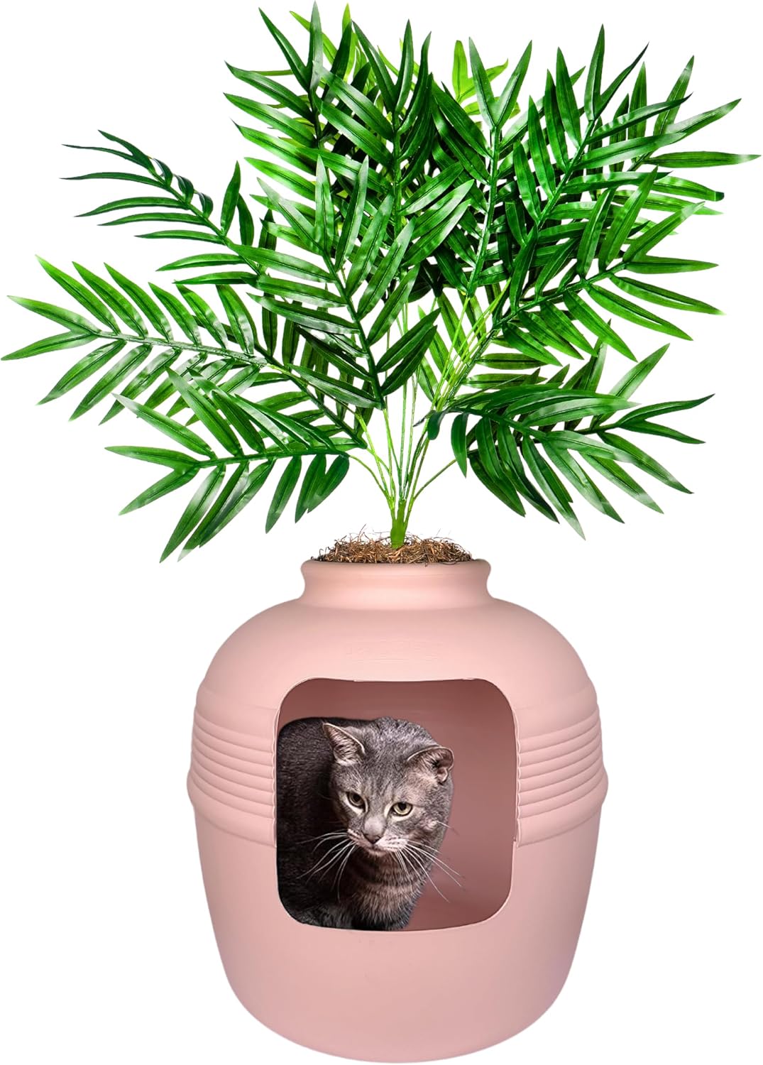 Hidden Litter Box Base Kit, Round Enclosed Cat Planter Furniture with Fake Plant, Hooded Vented Carbon Filter System for Odor Control, Easy to Clean, Made in USA, White Birch