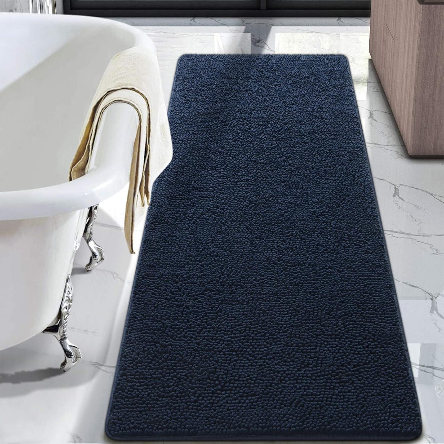 Luxury Bathroom Rug Shaggy Bath Mat 24 x 60 Inch, Washable Non Slip Bath Rugs for Bathroom Shower, Soft Plush Chenille Absorbent Carpets Mats, Black