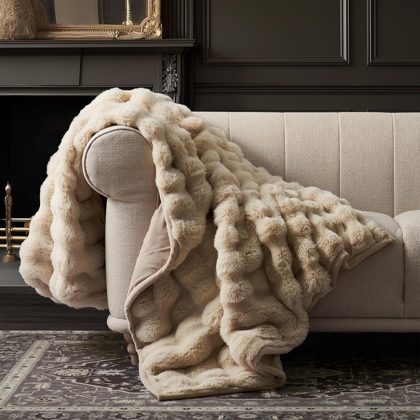 Ultra Soft Luxury Fluffy Ridgeline Faux Rabbit Fur Throw Blanket, Thick Warm Bubble Throw for Bed, Cozy Plush Reversible Blankets for Couch, Chair, Sofa, Ivory White, 60x80 Inches, 870 GSM