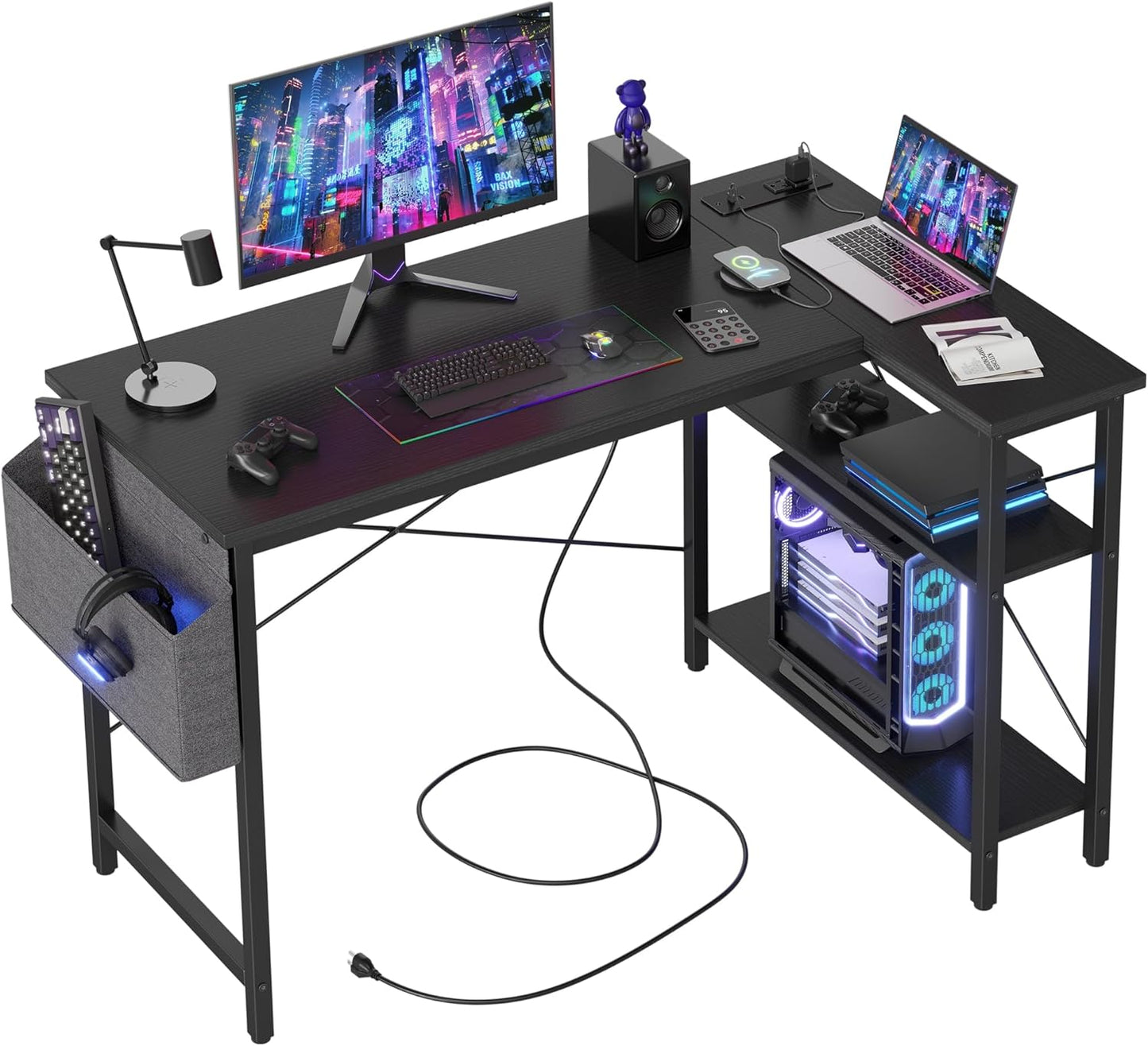 Small Computer Desk with Power Outlets, 40 Inch L Shaped Desk with Reversible Shelves, Gaming Desk Corner Desk Study Writing Table for Home Office Bedroom Living Room, Black