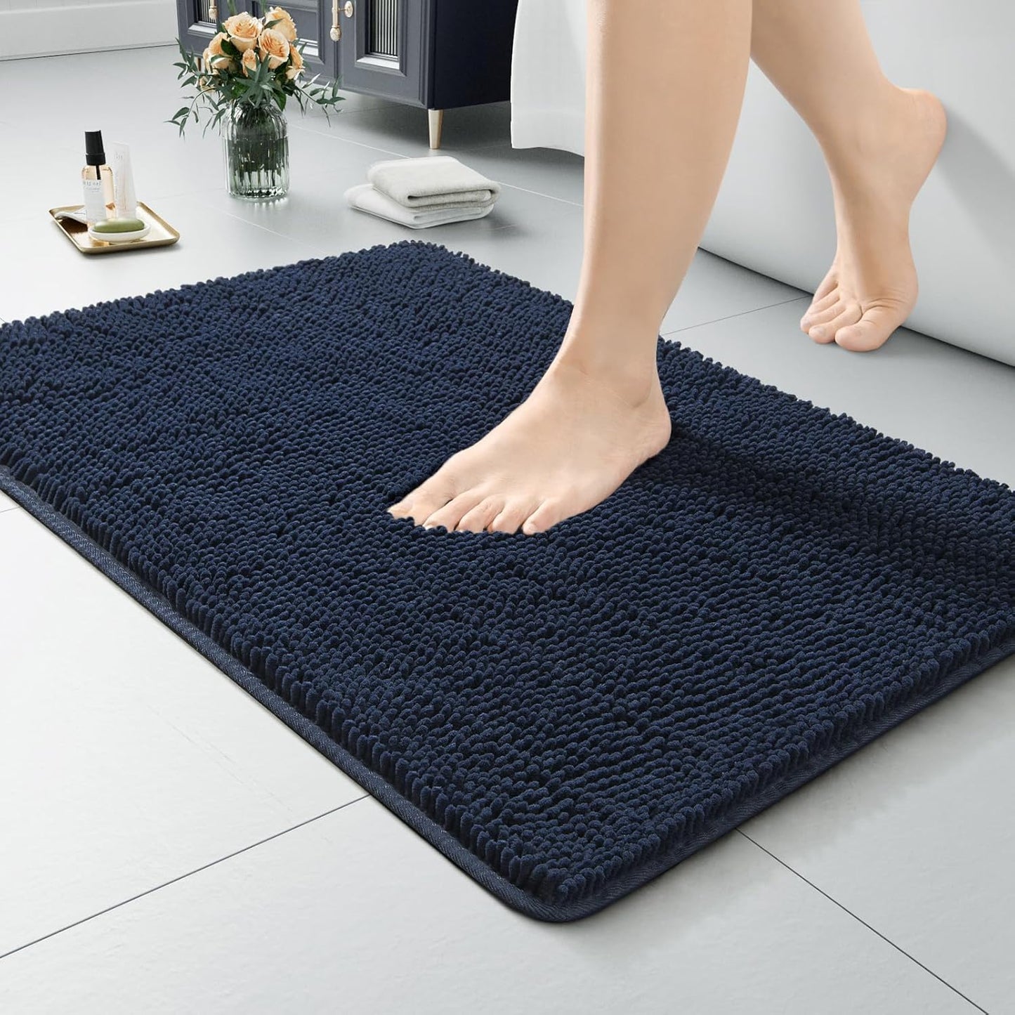 Luxury Bathroom Rug Shaggy Bath Mat 24 x 60 Inch, Washable Non Slip Bath Rugs for Bathroom Shower, Soft Plush Chenille Absorbent Carpets Mats, Black