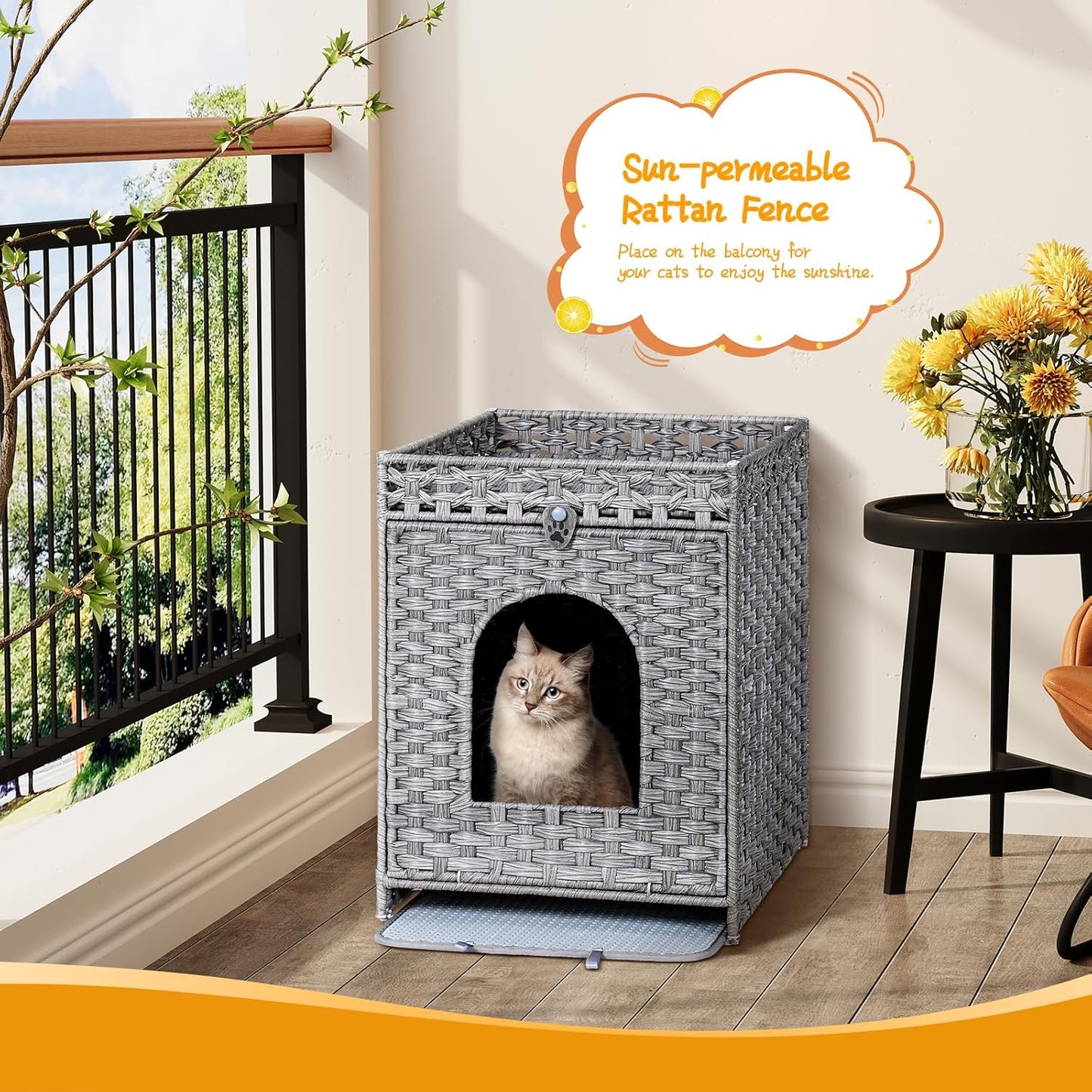 Cat Litter Box Enclosure Furniture Hidden with Cat Litter Mat, Hidden Cat Washroom Furniture with Door, Handwoven Rattan Cat Washroom Box, Indoor Pet House for Living Room, Bedroom(Grey)