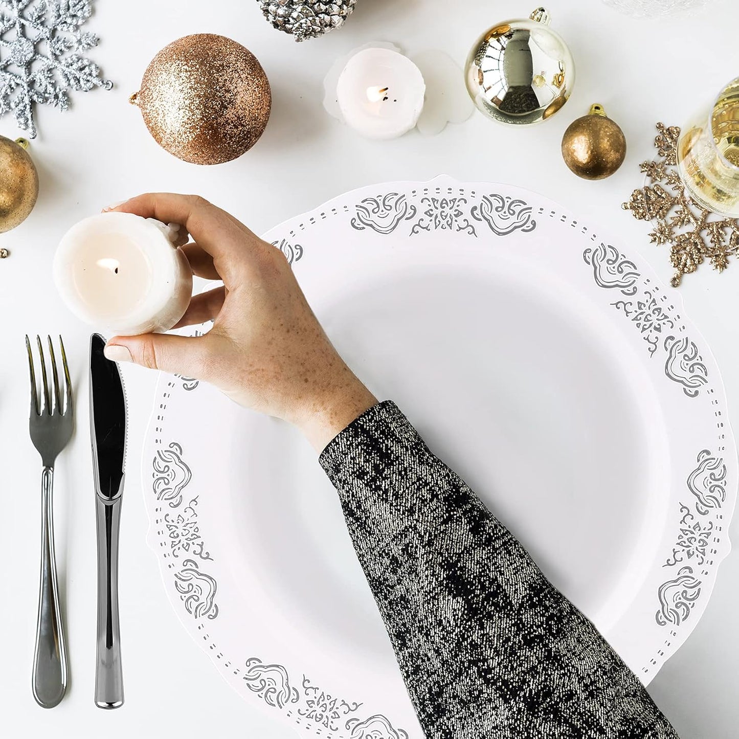 175 Pieces Silver White Dinnerware Set For 25 Guest Disposable Tableware Plastic Cutlery 5-Sets, With 12oz Cups, Knife, Fork, Spoon, Dinner Paper Each 25 Pieces For Wedding, Birthday, Party