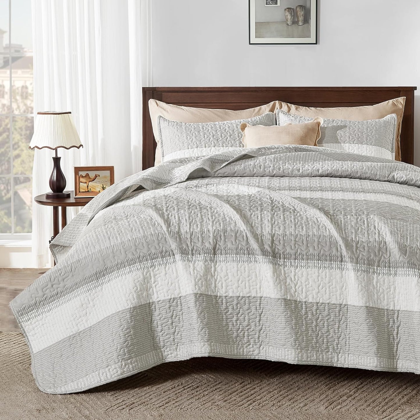 King Size Quilt Set Mineral Blue, 3 Pieces Summer Ultra Soft Lightweight Bedspreads & Coverlets Set, Patchwork Striped Quilted Bedding Sets for All Seasons (1 Quilt, 2 Pillow Shams)