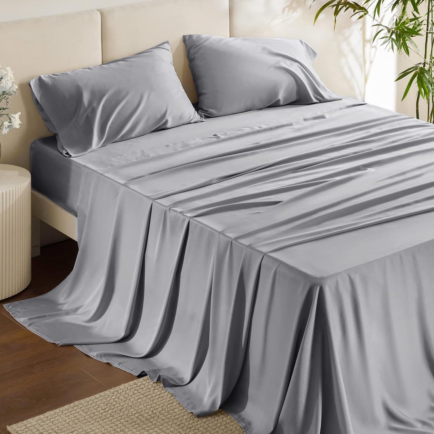 Queen Sheet Set, Cooling Sheets for Queen Size Bed Set, Rayon Derived from Bamboo, Breathable & Soft Deep Pocket Up to 16 Inches, Hotel Luxury Silky Bedding, Bedsheet & Pillowcases, Dark Grey