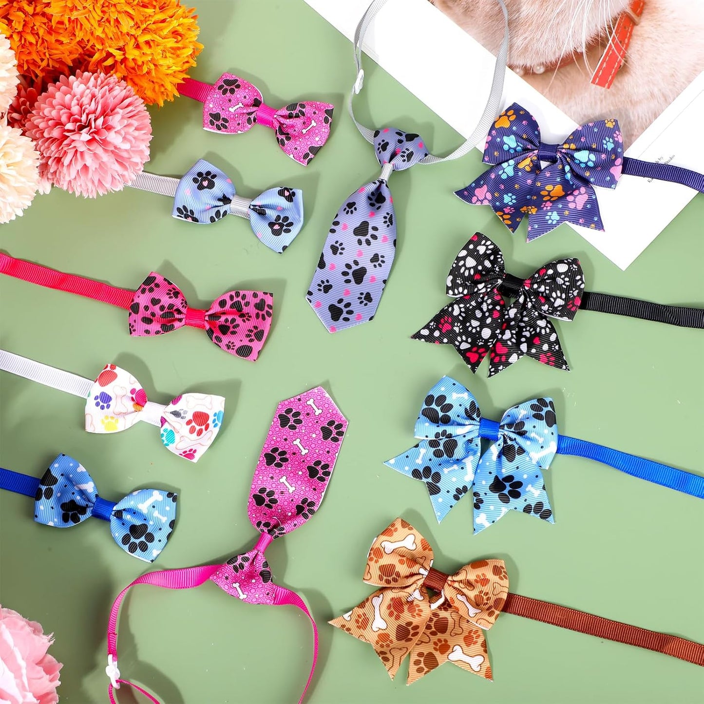 100 Pieces Dog Bow Tie Collar Set Include 40 Dog Neckties, and 30 Puppy Bowties, 30 Collar Flowers, Adjustable Pet Ties Grooming for Small Medium Cats Pets Supply(Paw Bone)