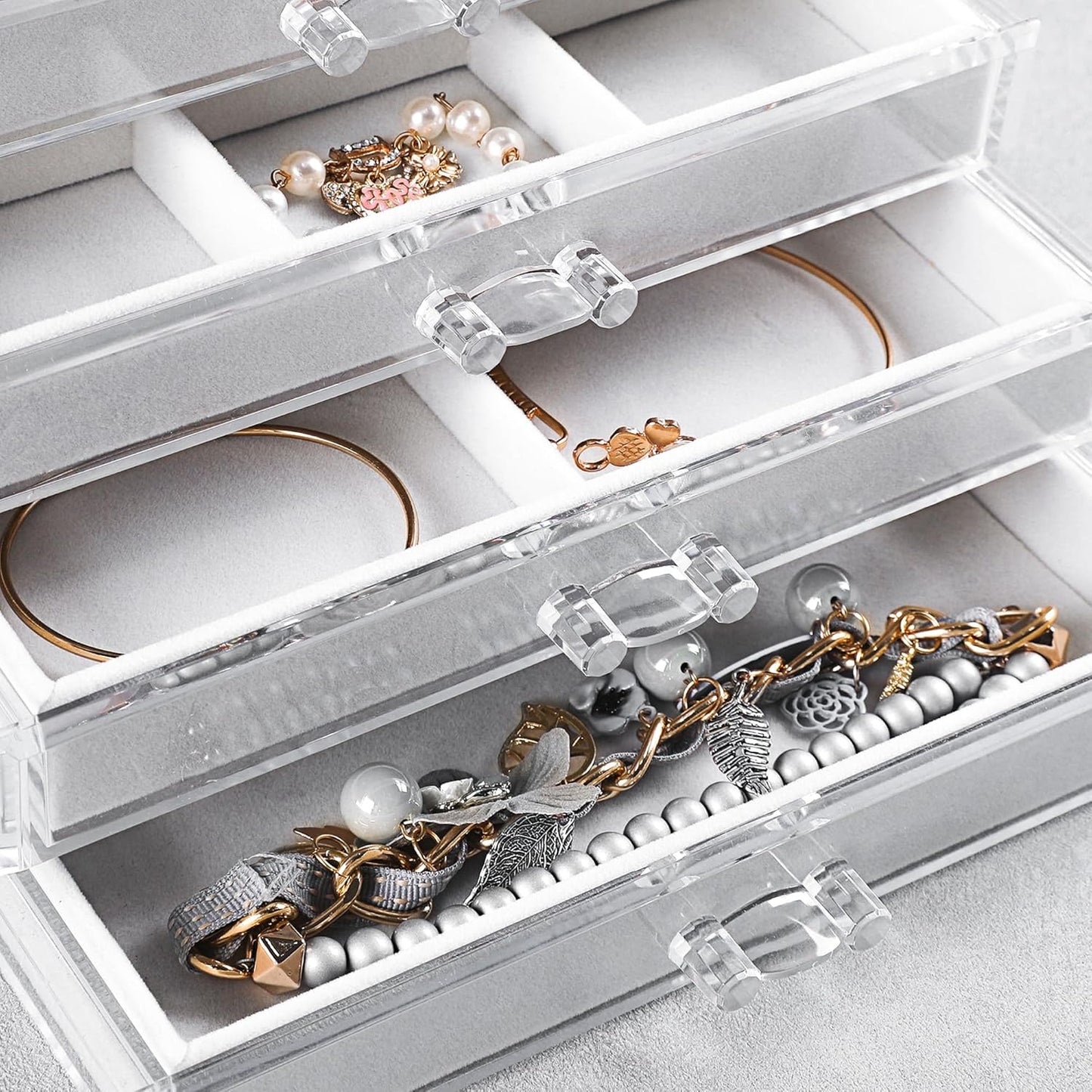 Extra Large Acrylic Jewelry Box for Women 5 Layers Clear Jewelry Organizer Velvet Earring Box with 5 Drawers Rings Display Case Necklaces Holder Tray for Women Girls (White)